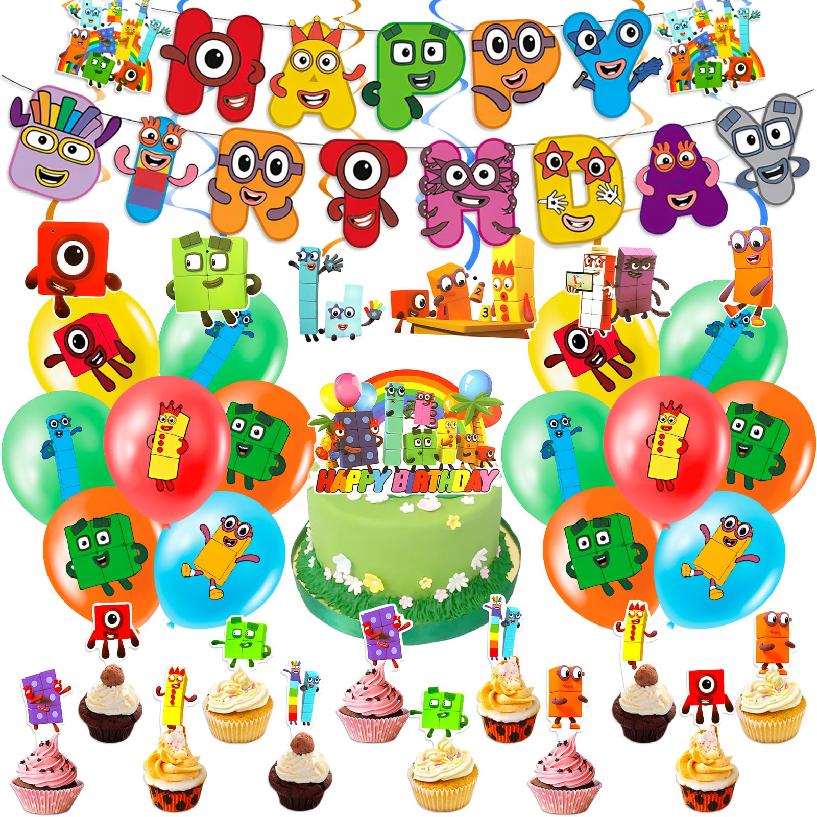 Number Birthday Decorations, 40PCS Blocks Party Decorations With Happy Birthday Banner Balloons Cake Topper Cupcake Toppers Spiral Decorations, Blocks Birthday Party Supplies for Kids Baby Shower