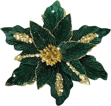 6 PCS Large Glitter Poinsettia Flowers 11 Inches Artificial Christmas Flowers Decoration Christmas Tree Ornaments Wreath Garland Decoration Forest Green