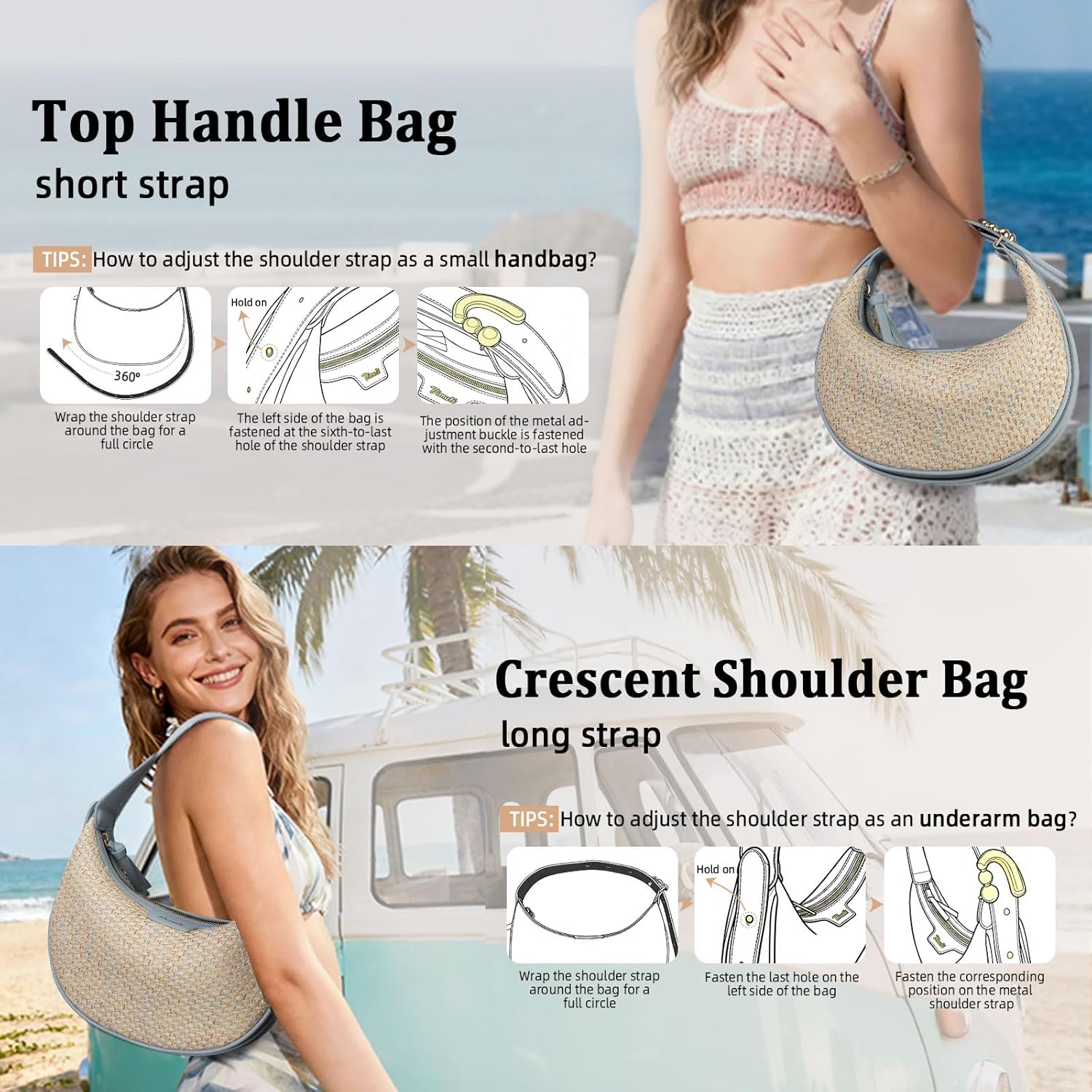 Crescent Shoulder Bag for Women, Small Vegan Leather Crossbody Purse Hobo Handbag with Adjustable Strap for Travel - Image 2