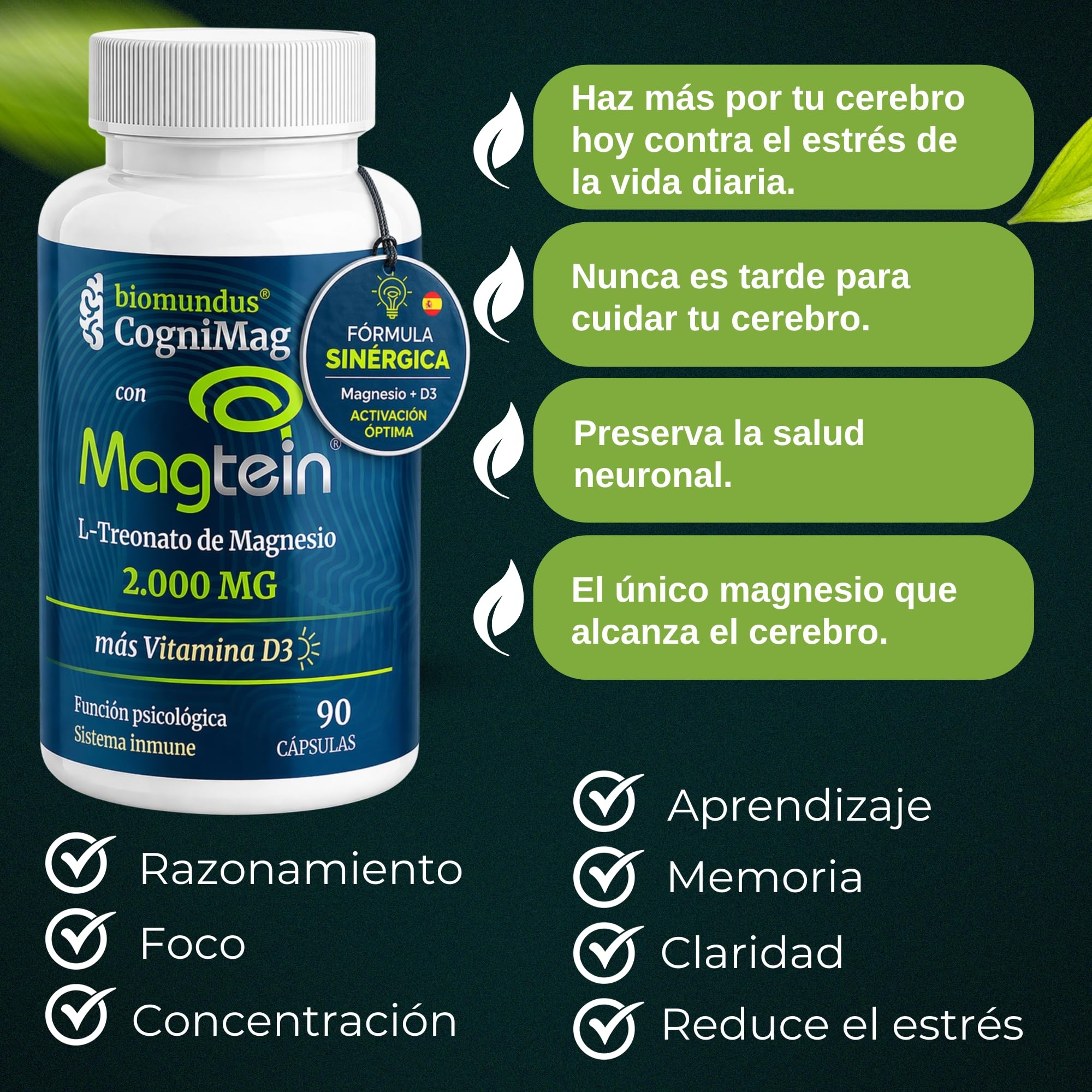 L-treonato de Magnesio Magtein® 2000 mg biomundus + Vitamina D3 2.000 UI dosis. Magnesio treonato Función cerebral óptima, mejor descanso, sueño, memoria, sistema inmune, músculos y huesos 90 cápsulas