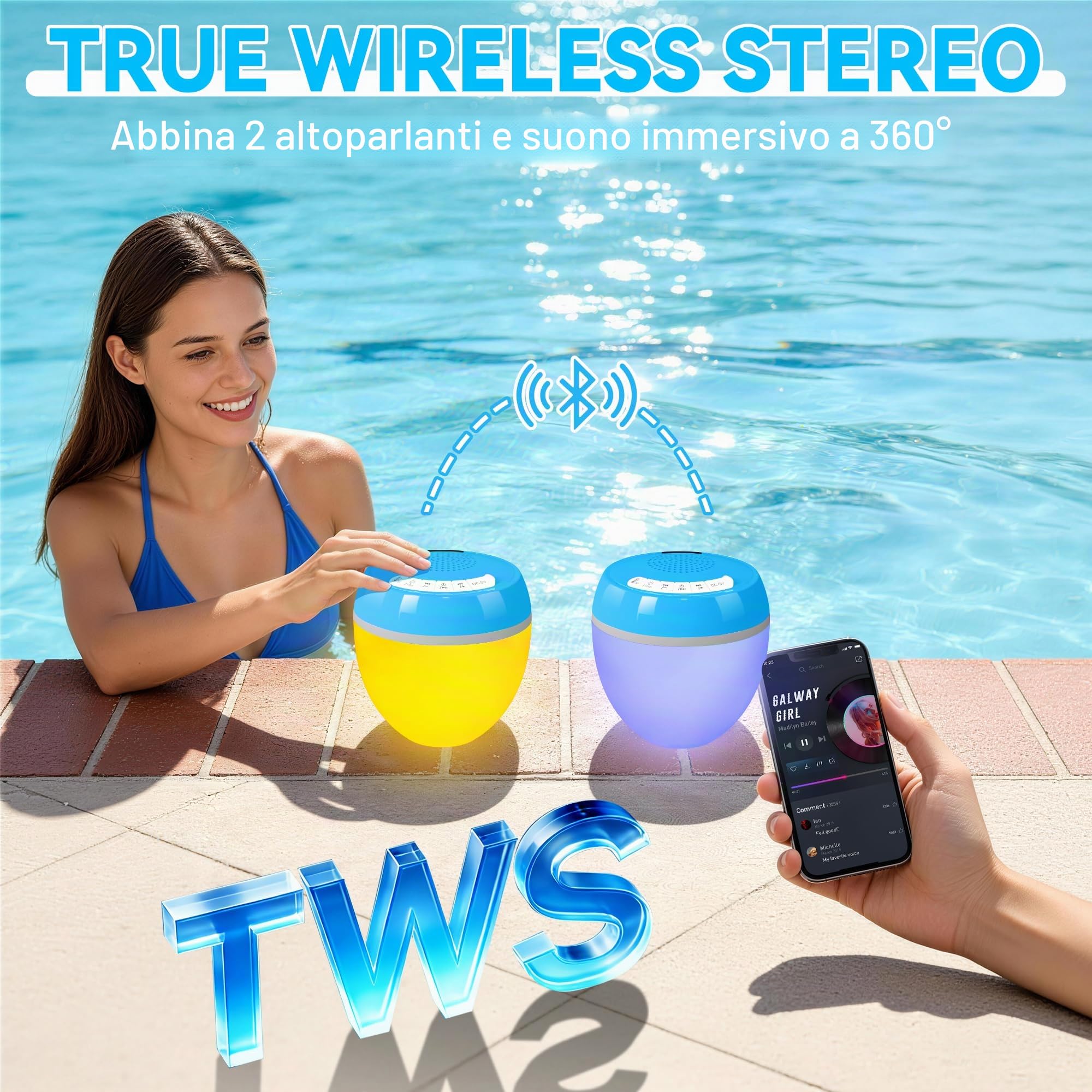 AearKing 3 in 1 Cassa Bluetooth Piscina con Termometro Digitale,Altoparlante Piscina con Luci Colorate,Cassa Bluetooth Piscina Galleggiante Impermeabile IP68,TWS,Suono Stereo Cassa Portatile Potente