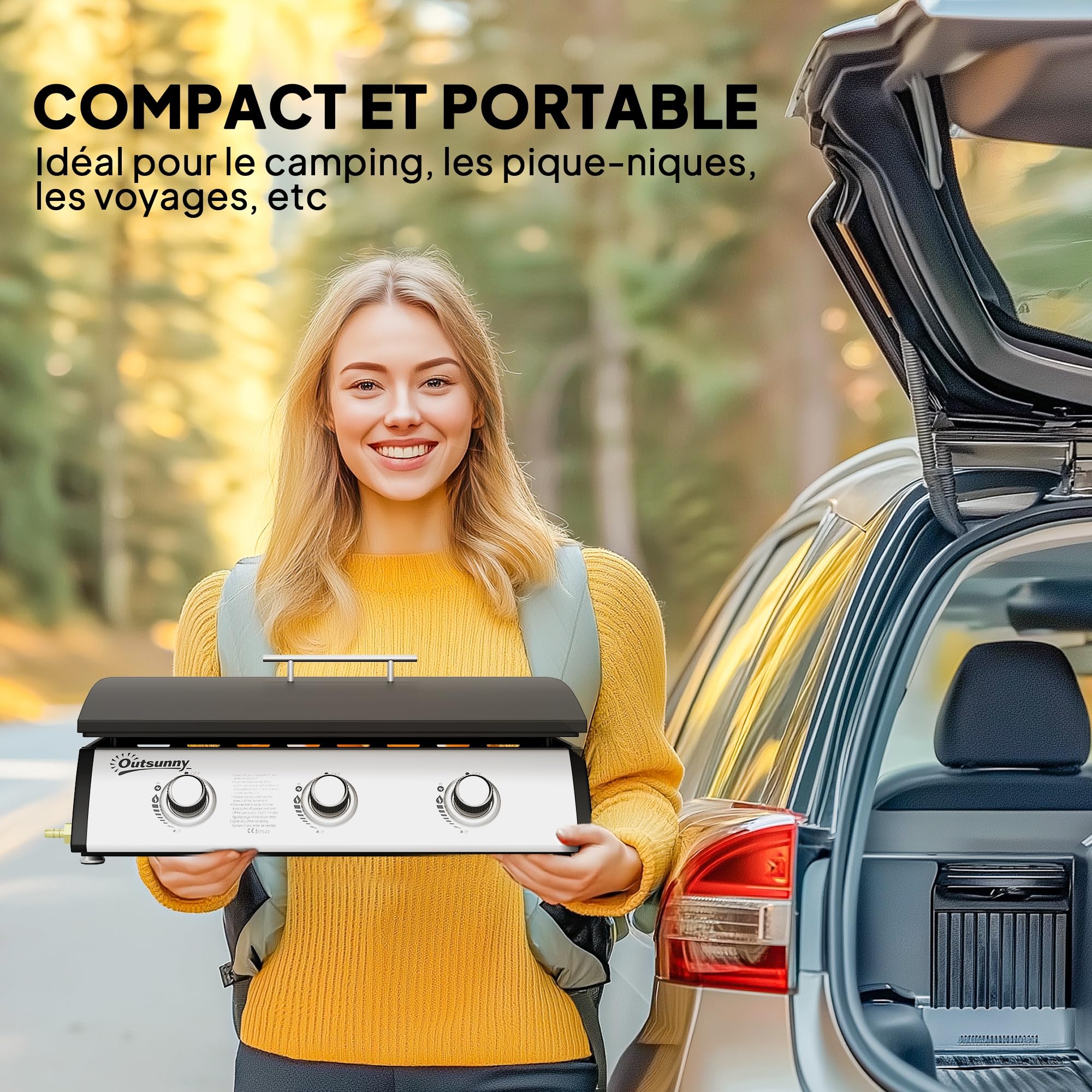 Outsunny Plancha Gaz 3 Brûleurs 7,5kW avec Couvercle Surface 61x35,5cm Noir | Gaz Liquéfié/Propane, Portable pour Extérieur, Jusqu'à 6/8 Convives