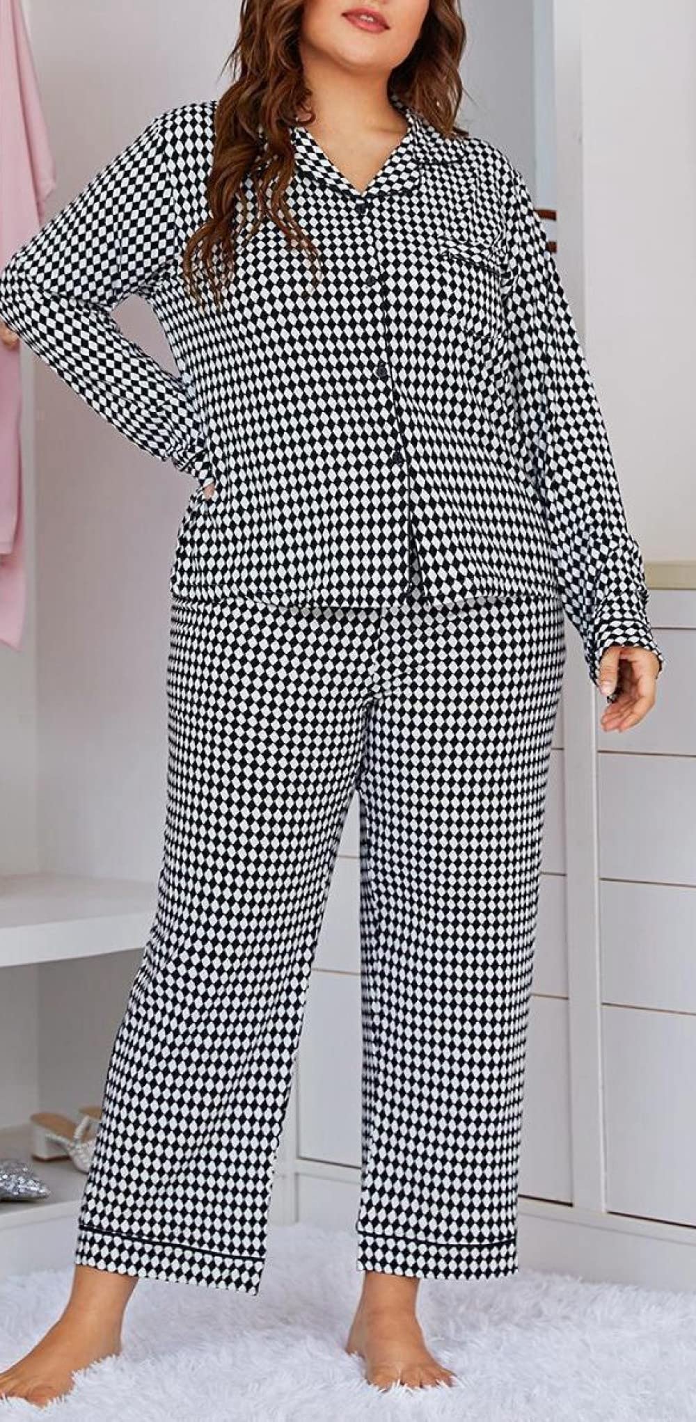 Ensembles De Pyjama Femme,Ensemble De Vêtements De Nuit À Manches Longues en Polyester À Treillis De Grande Taille pour Femme Pyjama Deux Pièces Doux Classique Décontracté Cadeau De Détente P