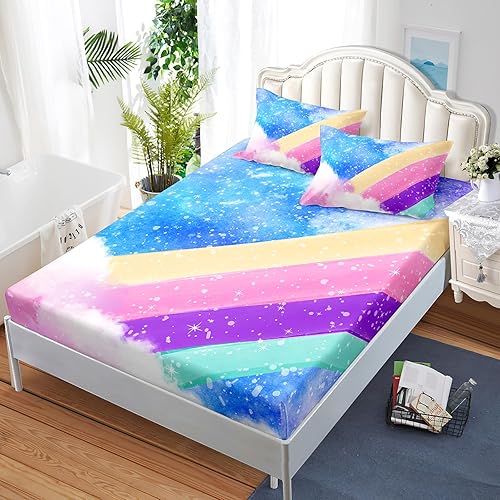 Miniatura 3 de Sábanas y fundas de almohada de microfibra suave arcoíris, sábana bajera ajustable con bolsillos profundos, sábana bajera ajustable para decoración