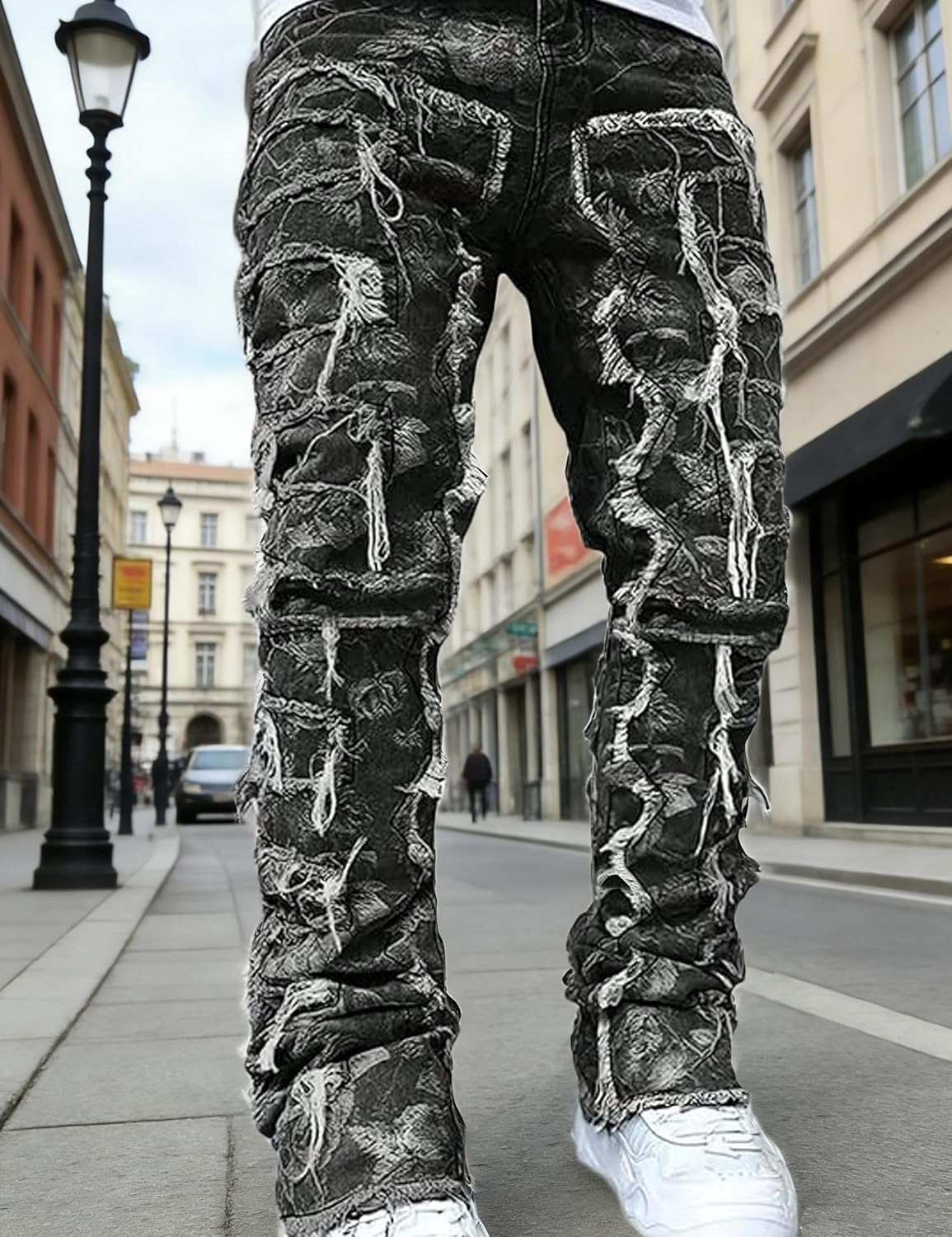 Stacked Jeans Men Skinny Ripped Jeans Slim Fit Patchwork Denim Pants Y2K Goth Harajuku Emo Hip Hop Jeans Trouser