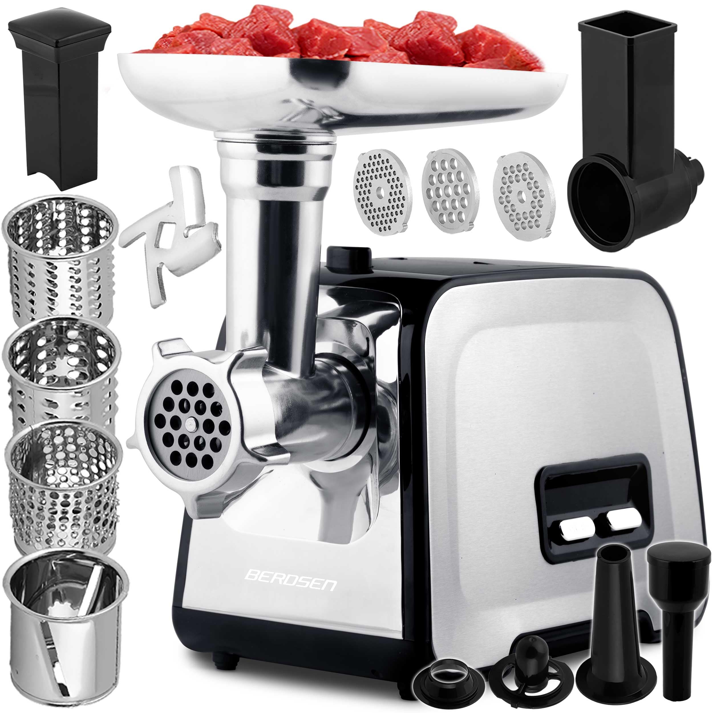 Berdsen Maszynka do mielenia mięsa z akcesoriami szatkownica rozdrabniacz 450/1200W Berdsen BD-601B czarno-srebrna