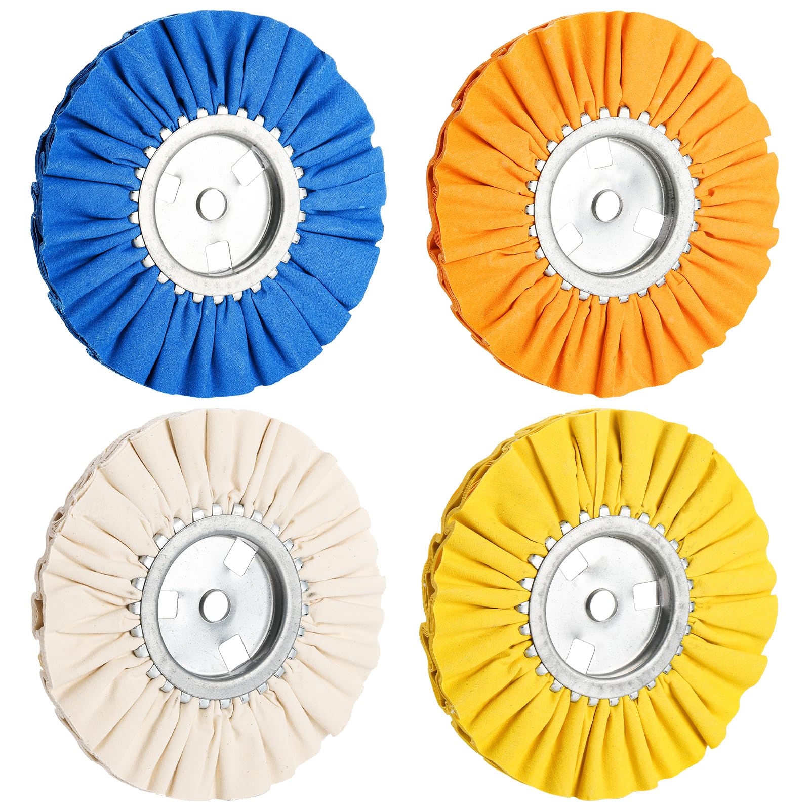 Hedume 4-teiliges Airway-Polierscheiben-Set, 20,3 cm Durchmesser, 1,6 cm Dornloch, 16-lagig für Winkelschleifer, Zink-Eisen, Zellstoffgewebe, weiß, orange, blau, gelb