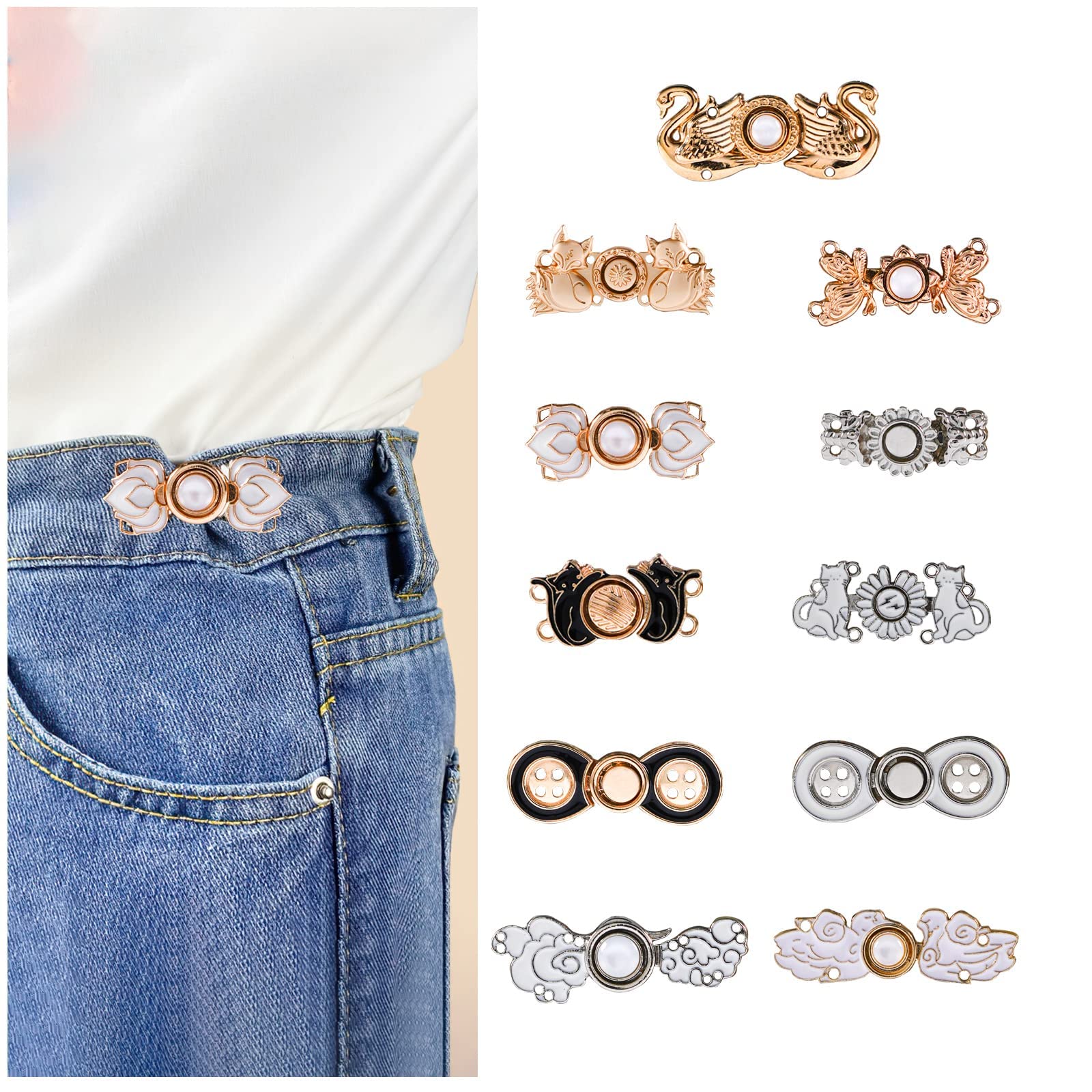 TERRIFI Jean Waist Adjustment Buckle Buttons, 11 Pcs Pant Clips for Waist Fashion DIY Sewing Button for Dress Jeans Too Big Loose, Adjustable Pant Waist Tightener Flower Buckle