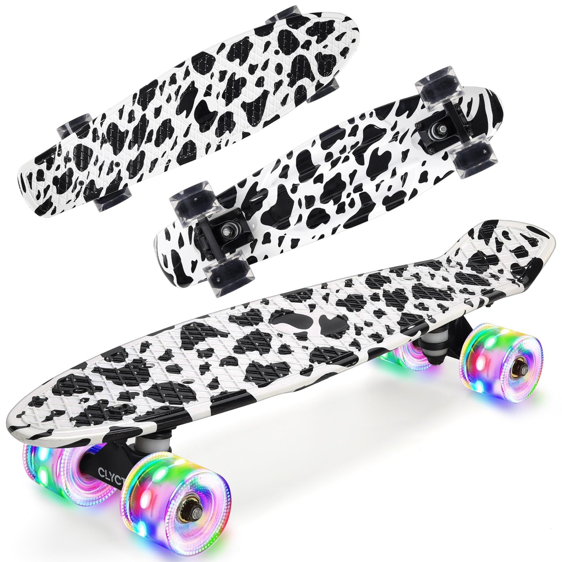 CLYCTIP Skateboard,22 inch Complete Mini Cruiser Board with Colorful Flashing Wheels and ABEC-11 Bearings for Kids,Boys,Girls,Beginners (White-BD)