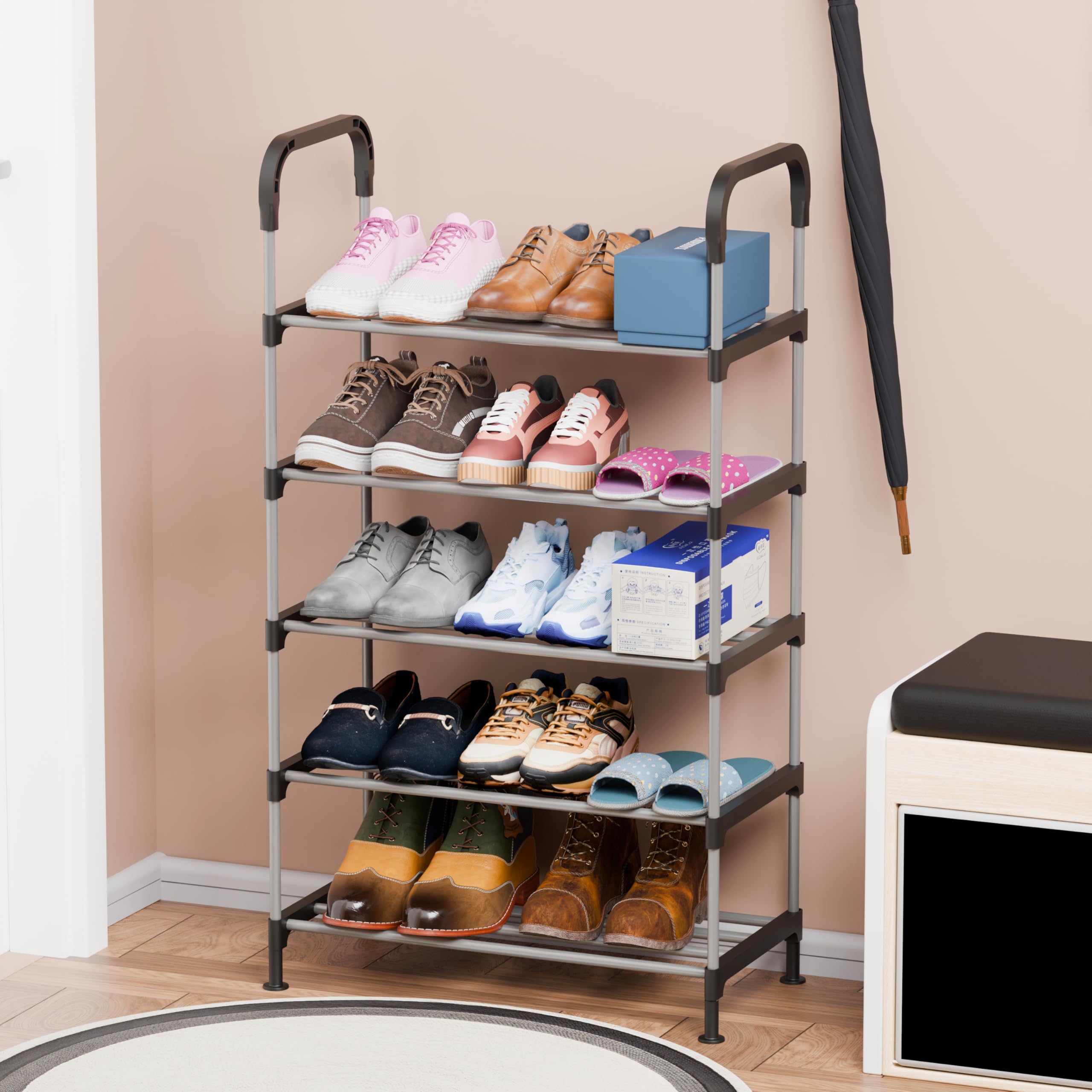 Lukzer 5-Layer Metal Plastic Shoe Rack Organizer | Freestanding, Durable and Sturdy, Space-Saving Storage Solution for Entryway, Closet, and Living Room MSR-005 Black & Silver (104x28x54 cm)