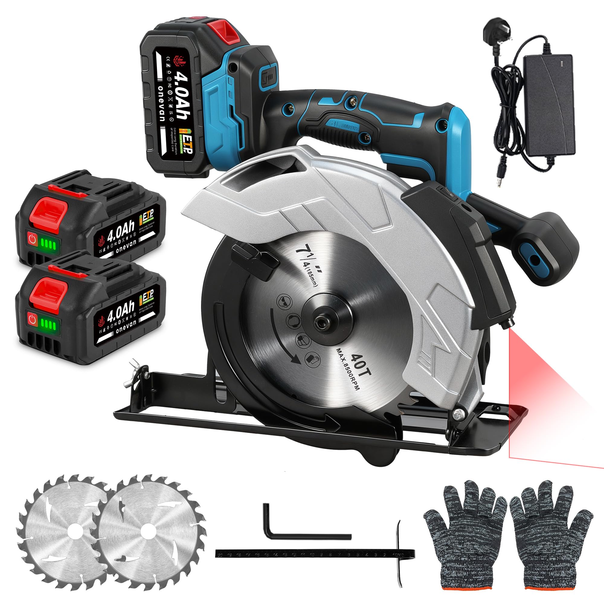 Cordless Circular Saws Battery Circular Saw - 7.3IN Laser Guidance Brusless Circular Saw Cutting Depth 60mm(2.4inch), 0-45° Cutting Angle, with 2*Blades, 2*4.0Ah Battery, for Wood/Tile/Plastic Cutting