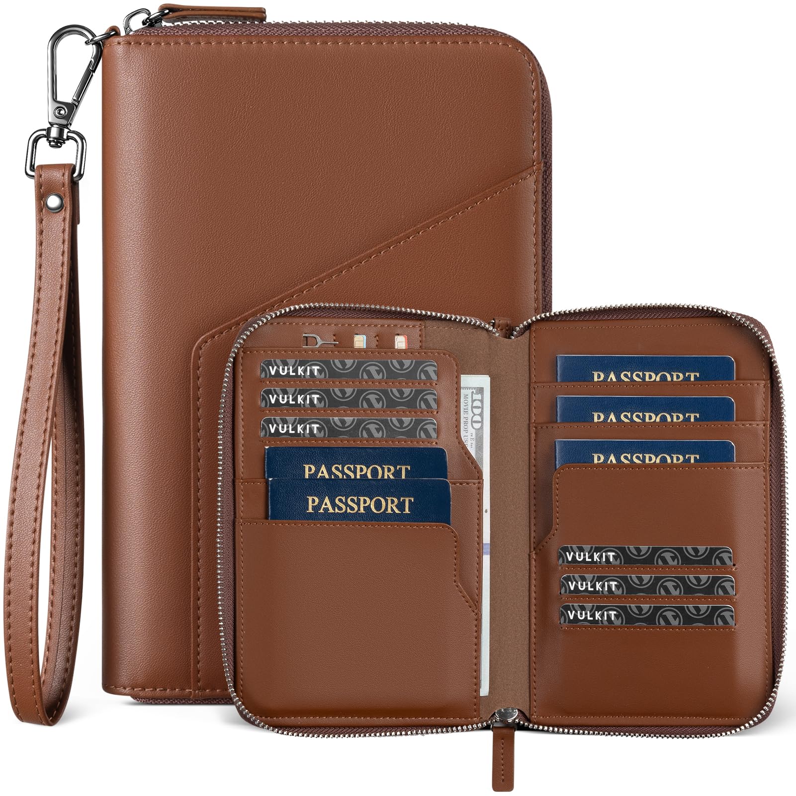 VULKIT Porta passaporto in pelle per famiglia, organizer per documenti da viaggio, con blocco RFID, sottile, doppio slot per schede SIM e porta carte, Espresso, 21 x 14 x 2.3 cm, Casual