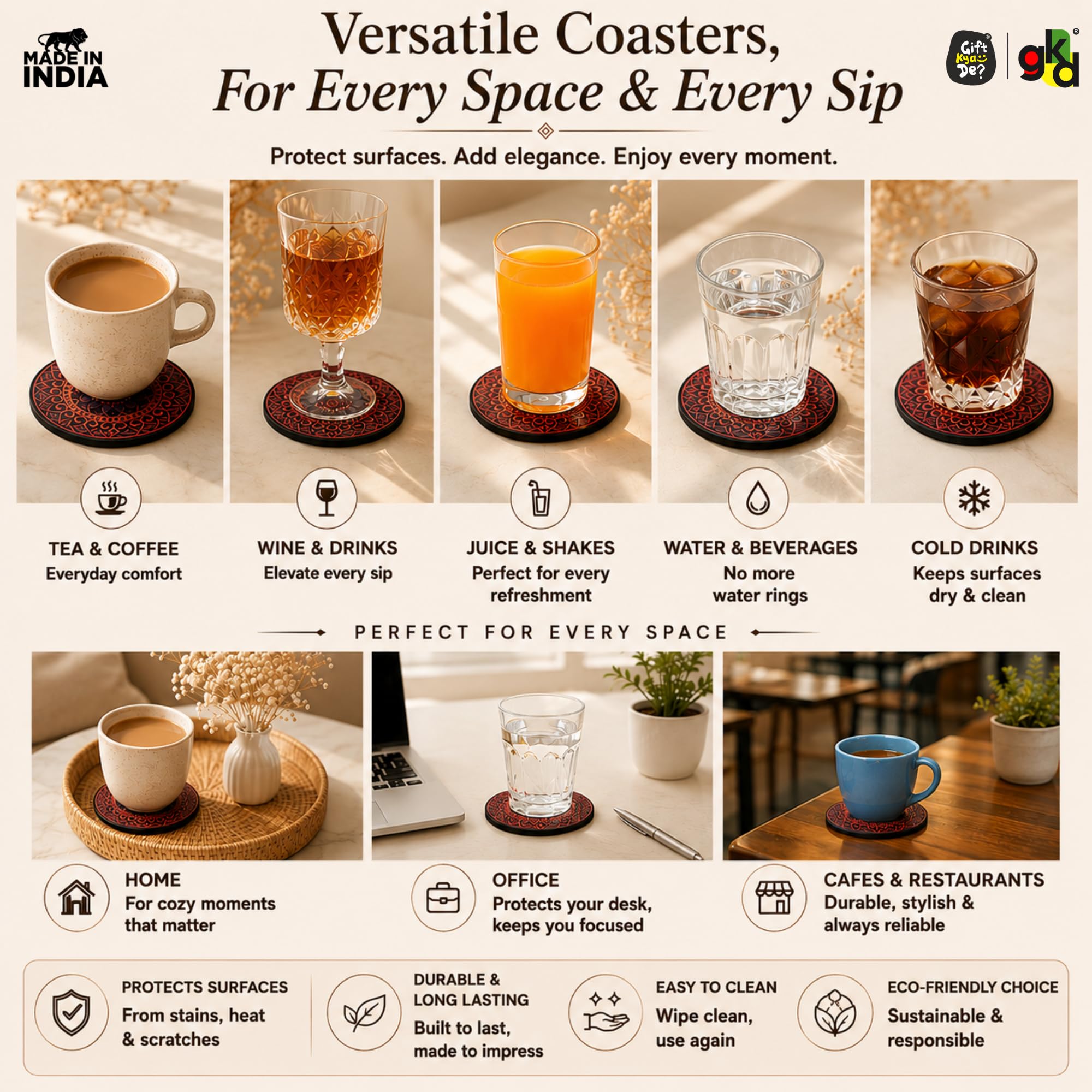 GKD Coaster Set of 6 Beautiful Wooden Coasters with Proper Coaster Stand Designer Coaster Set fit for Tea Cups, Coffee Mugs and Glasses (6 pc Round 3.5 x 3.5 inch) Multi Color