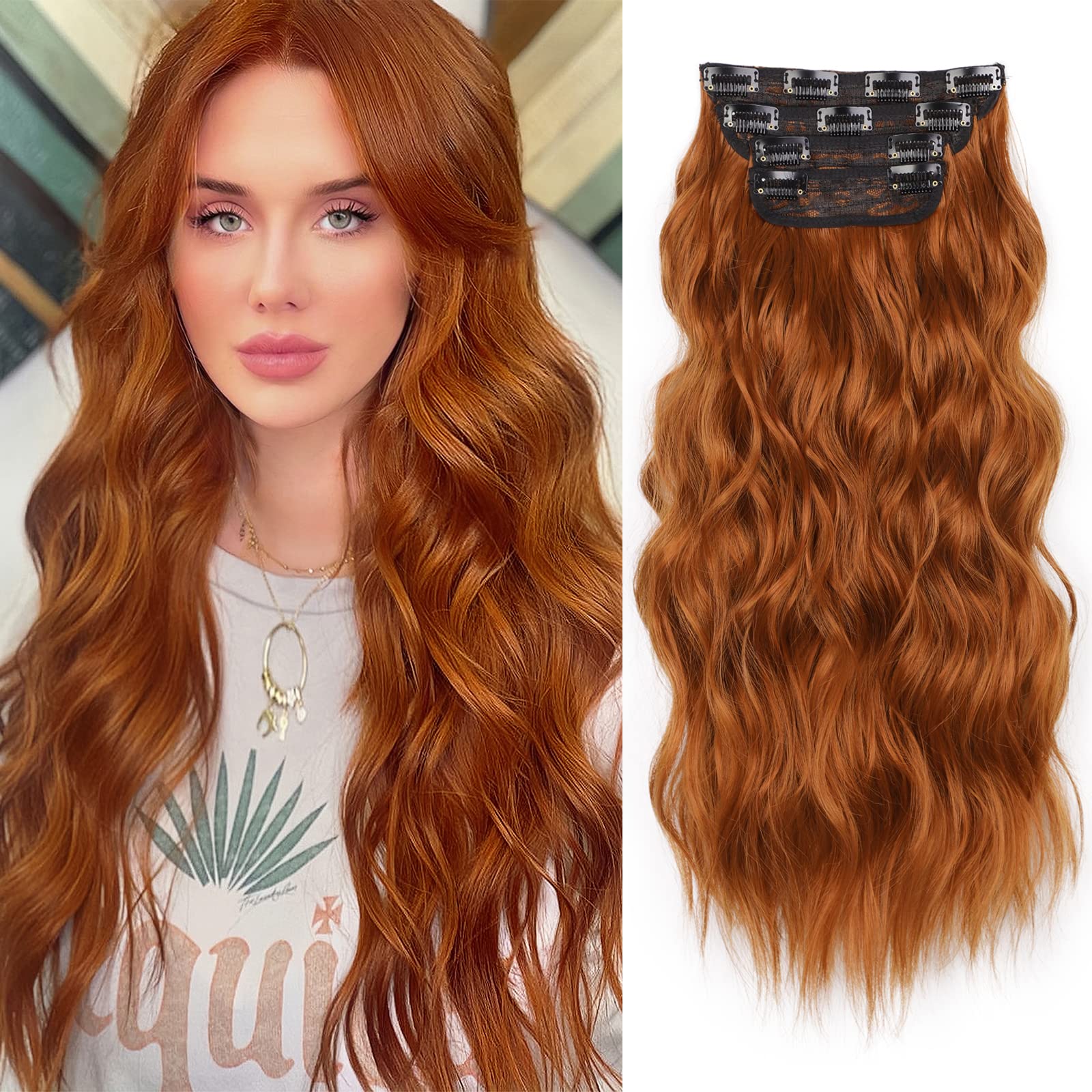 QGZ Clip in Long Wavy Hair Extensions Synthetic 4PCS Thick Hairpieces for Women 20 Inch Long Fiber Hair Extension for Daily Party Use(Copper Red)