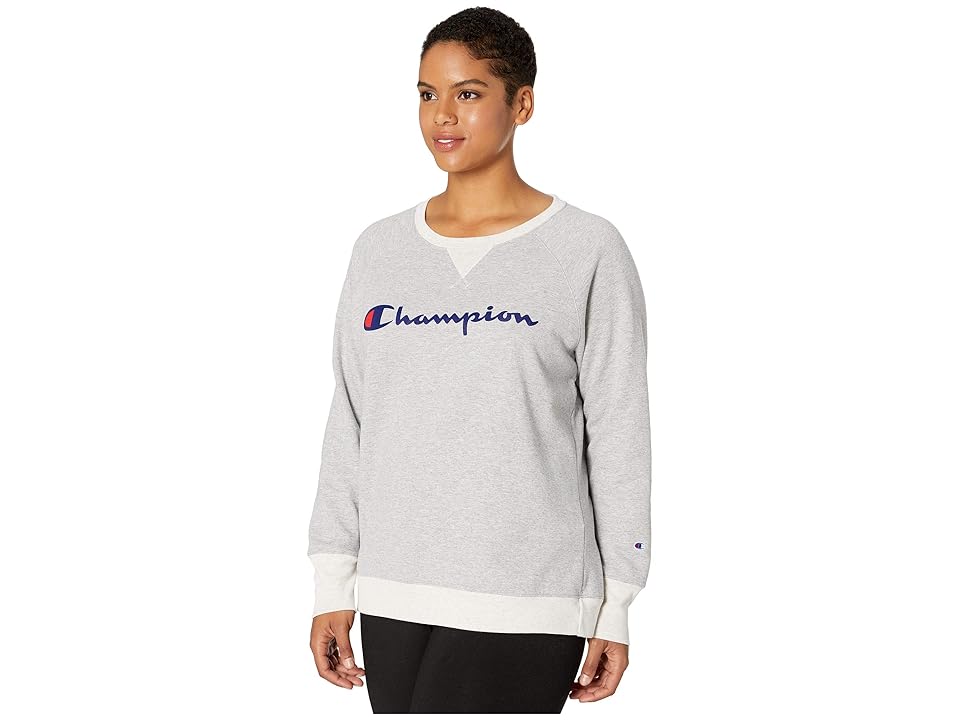 

Champion Plus Powerblend(r) Graphic Crew (Oxford Grey Heather/Oatmeal Heather) Women's Clothing, Gray
