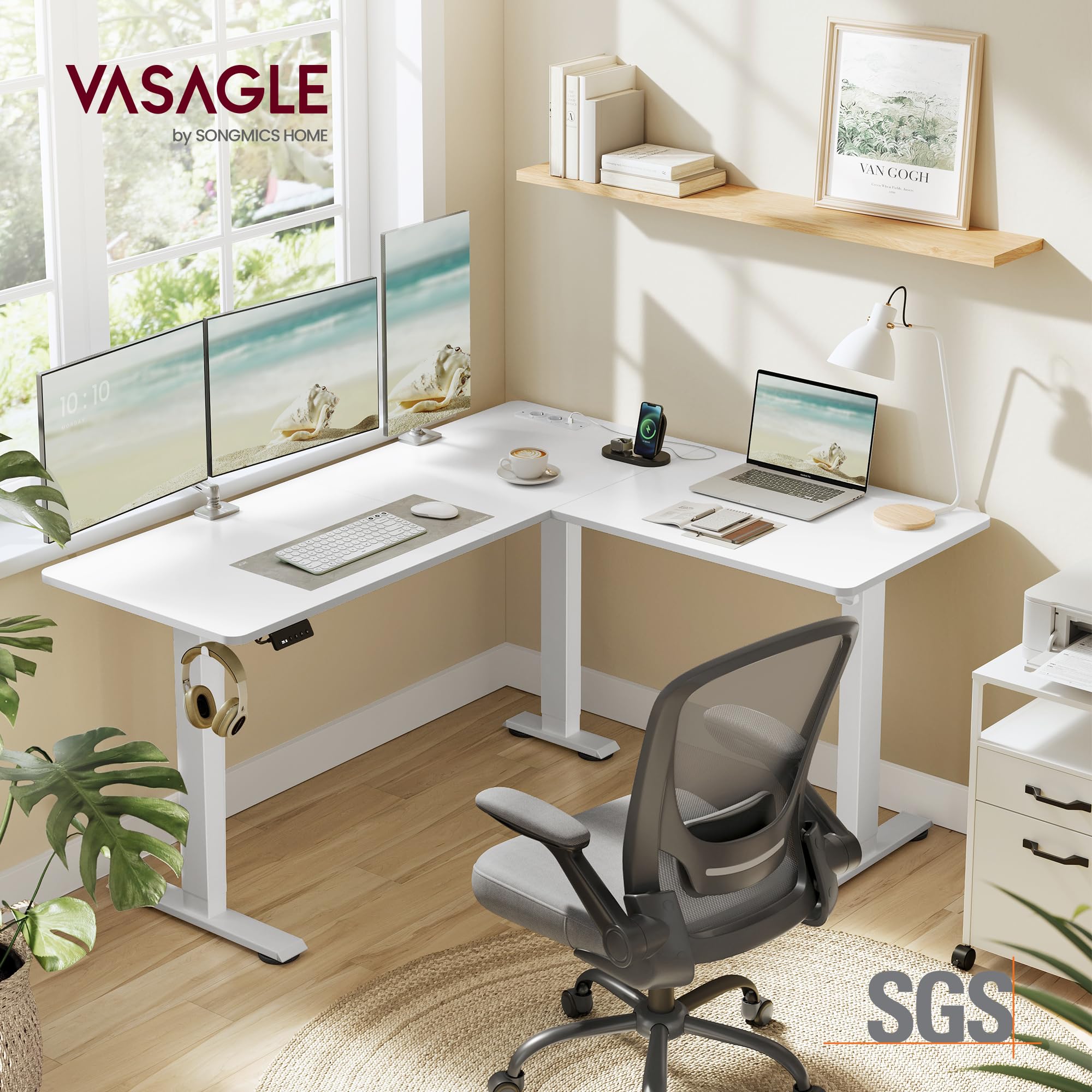 VASAGLE Escritorio Eléctrico Regulable en Altura, Escritorio en Forma de L, 140 x 160 cm, con Estación de Carga, Función de 2 Memorias, para Oficina Casa, Blanco Nube y Blanco Mate LSD264W01