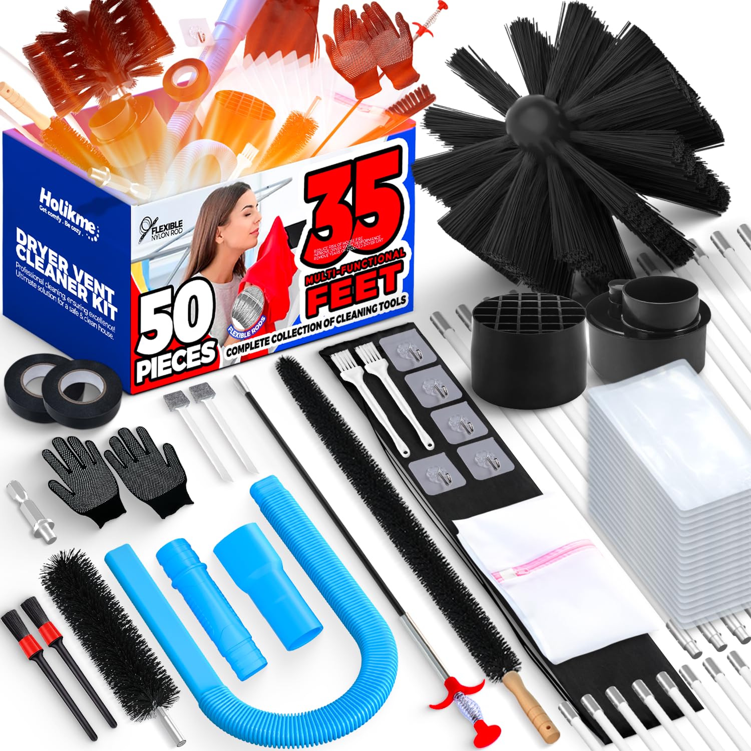 Holikme 50 Pieces 35 Feet Dryer Vent Cleaner Kit, Dryer Cleaning Tools, Include Dryer Vent Brush, Omnidirectional Blue Dryer Lint Vacuum Attachment, Dryer Lint Trap Brush, Vacuum & Dryer Adapters