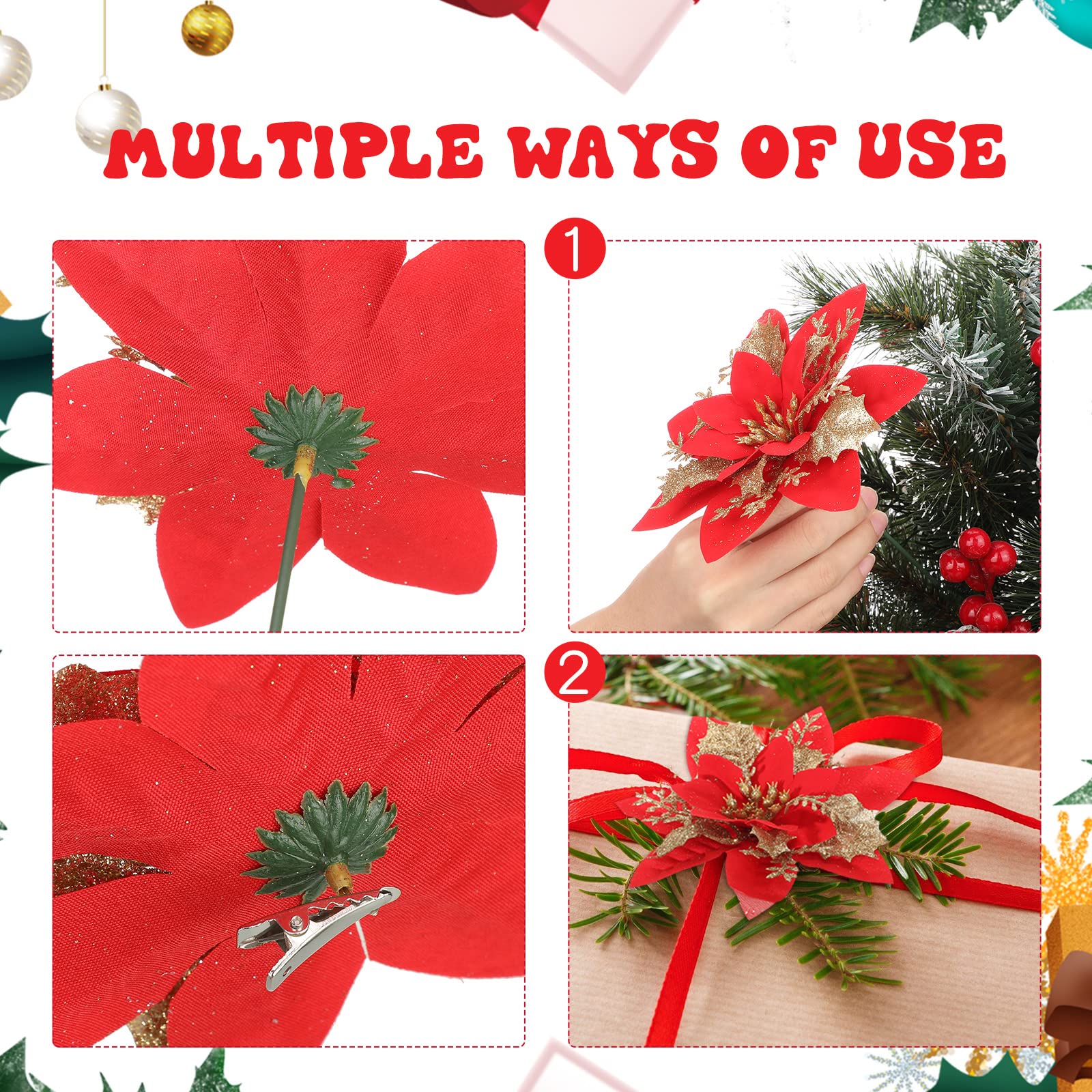 100 Pcs Artificial Gold Red Poinsettia Flowers Decorations with Clips ...