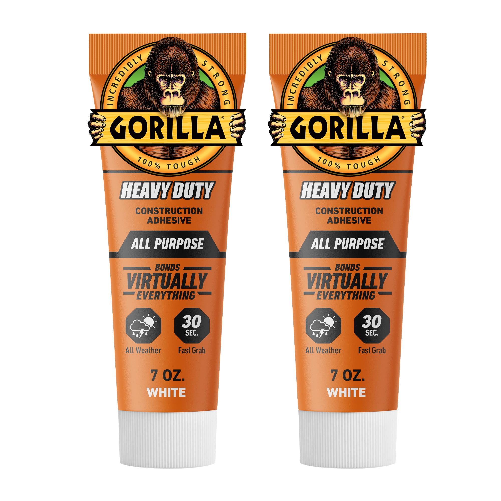 Gorilla Heavy Duty Construction Adhesive, 7 Ounce Squeeze Tube, White, (Pack of 2)