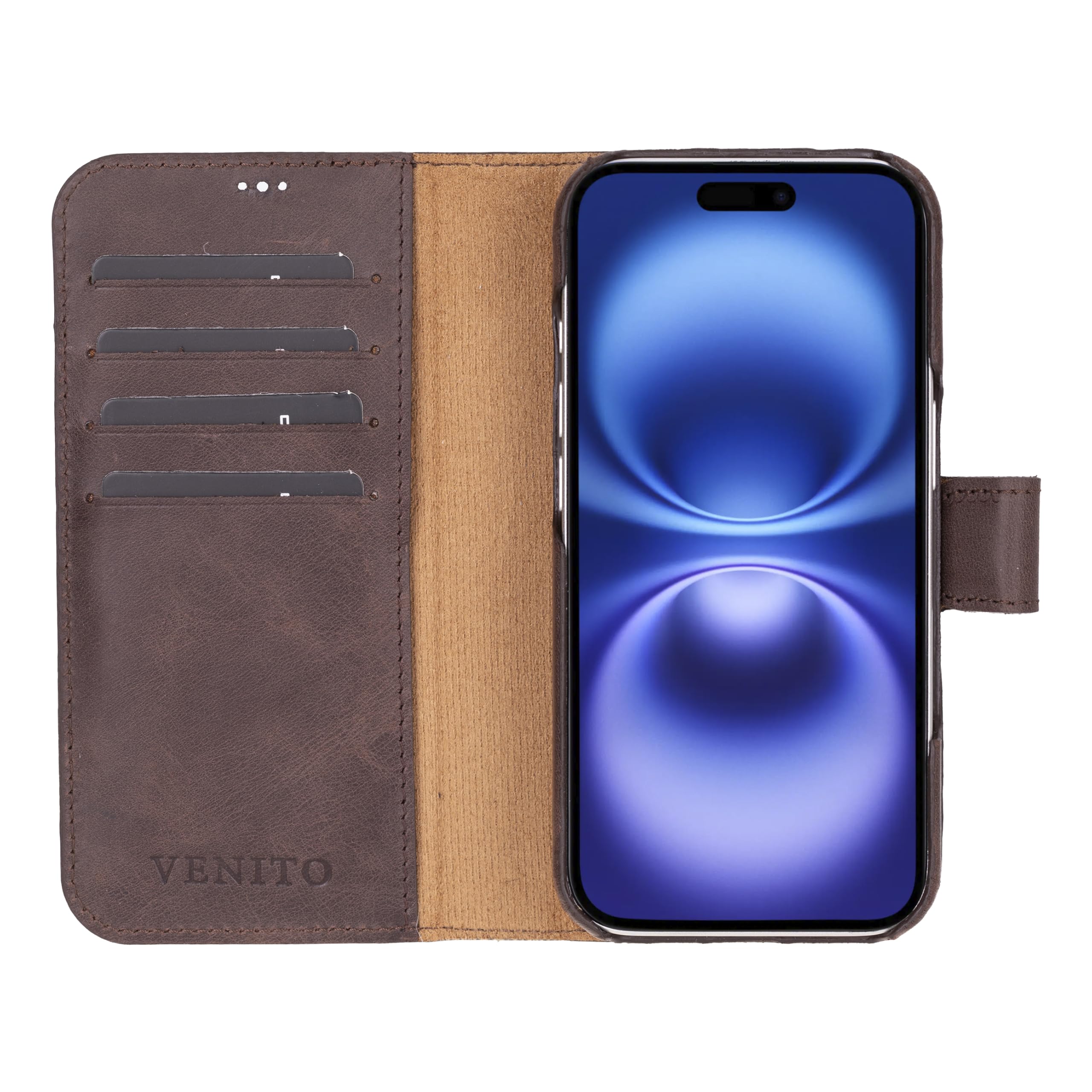Venito Florence - Funda tipo cartera para iPhone 17 (6.3 pulgadas), hecha a mano, cuero de grano completo, diseño delgado de lujo, funda desmontable no magnética, resistente a caídas y impactos