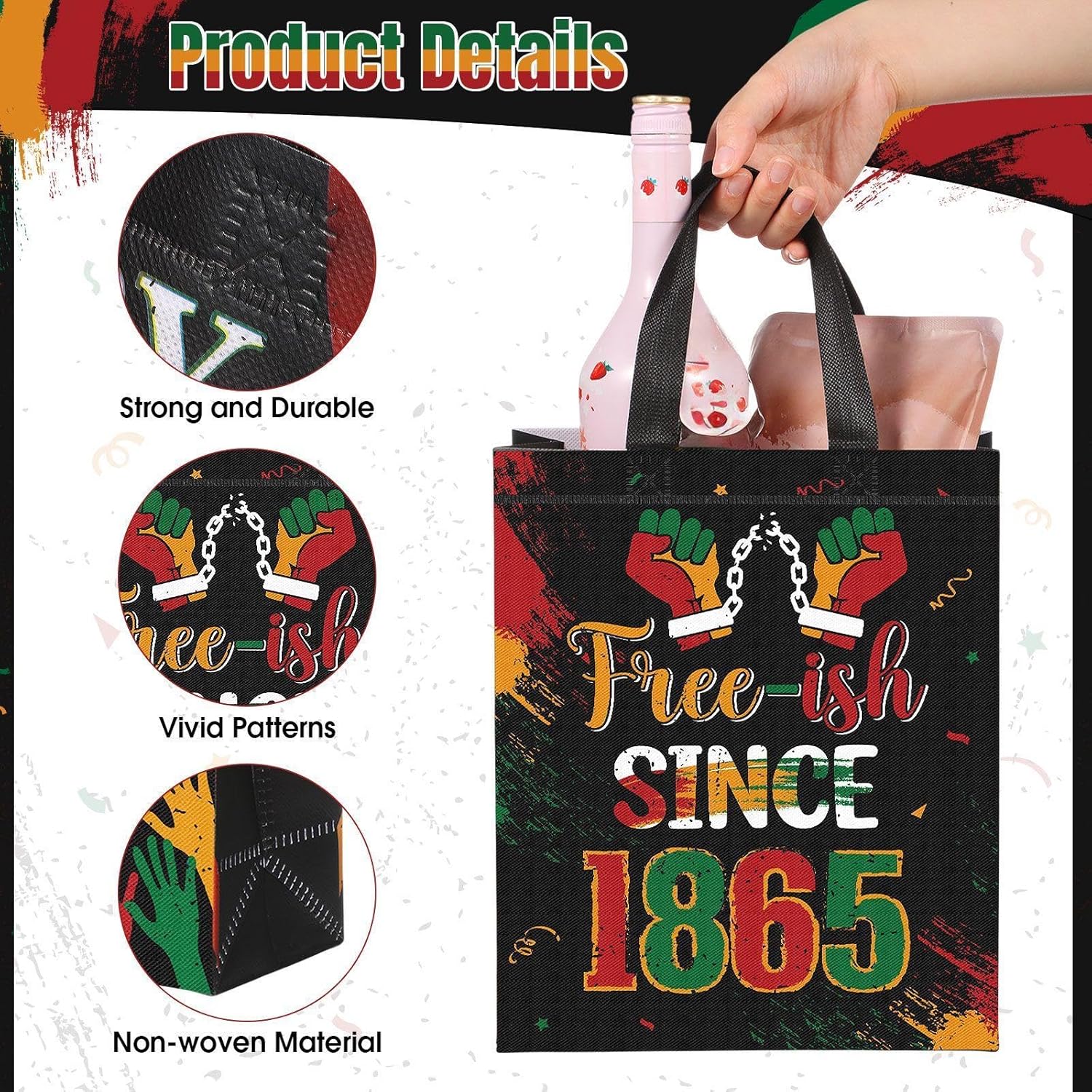 Blosssound 60 Pcs Juneteenth Bags Bulk Non-woven Happy Juneteenth Gift Bags with Handle 12 x 10 x 4 Inch Reusable African American Treat Goody Bag for June 19th Freedom Festival Supplies