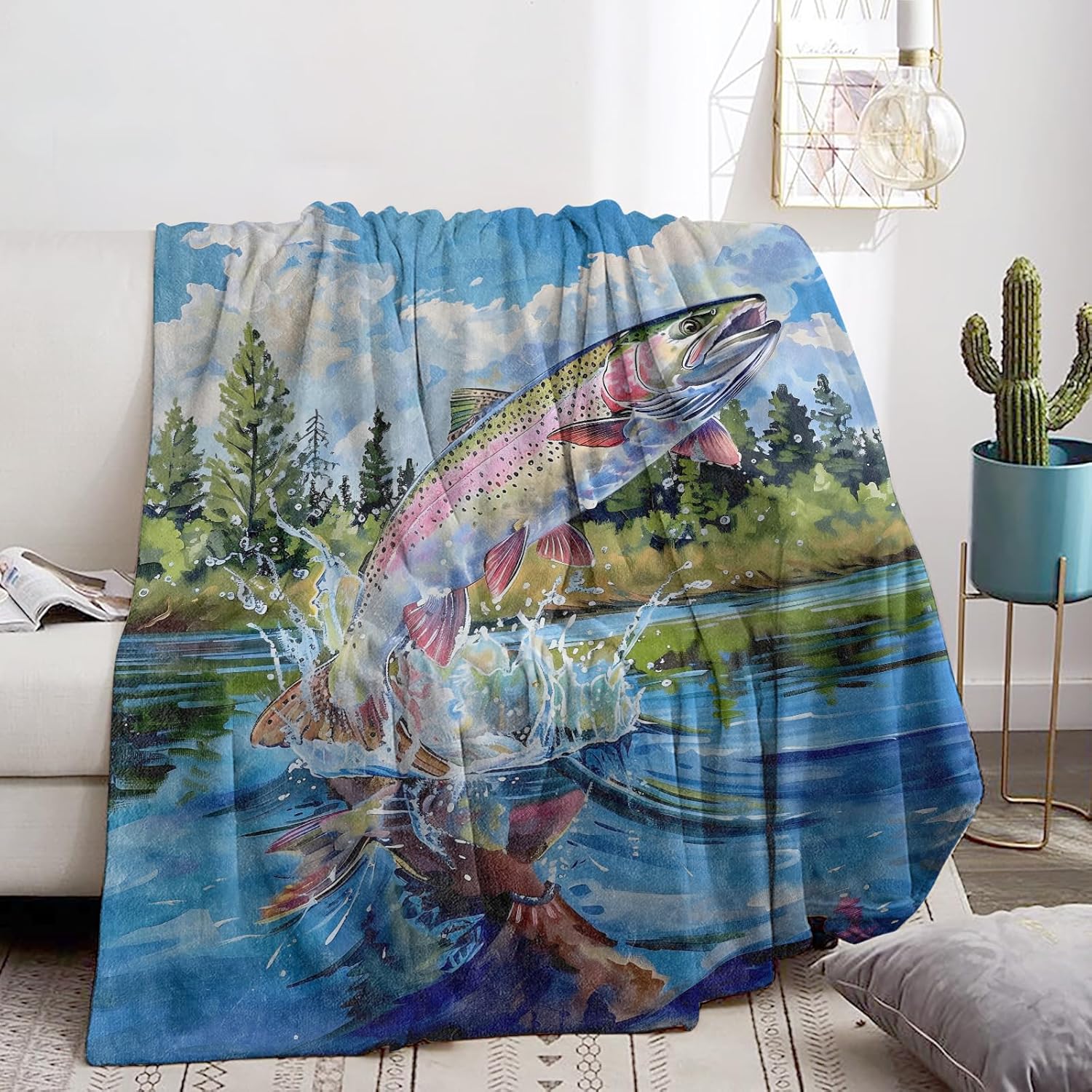 Vibrant Fish Blanket - Soft Lightweight Fuzzy Cozy & Warm Flannel Hand Drawn Painting Throw Blankets, for Adults Kids Men Women - Perfect for Couch, Bed, Travel & Living Room 60"×50"