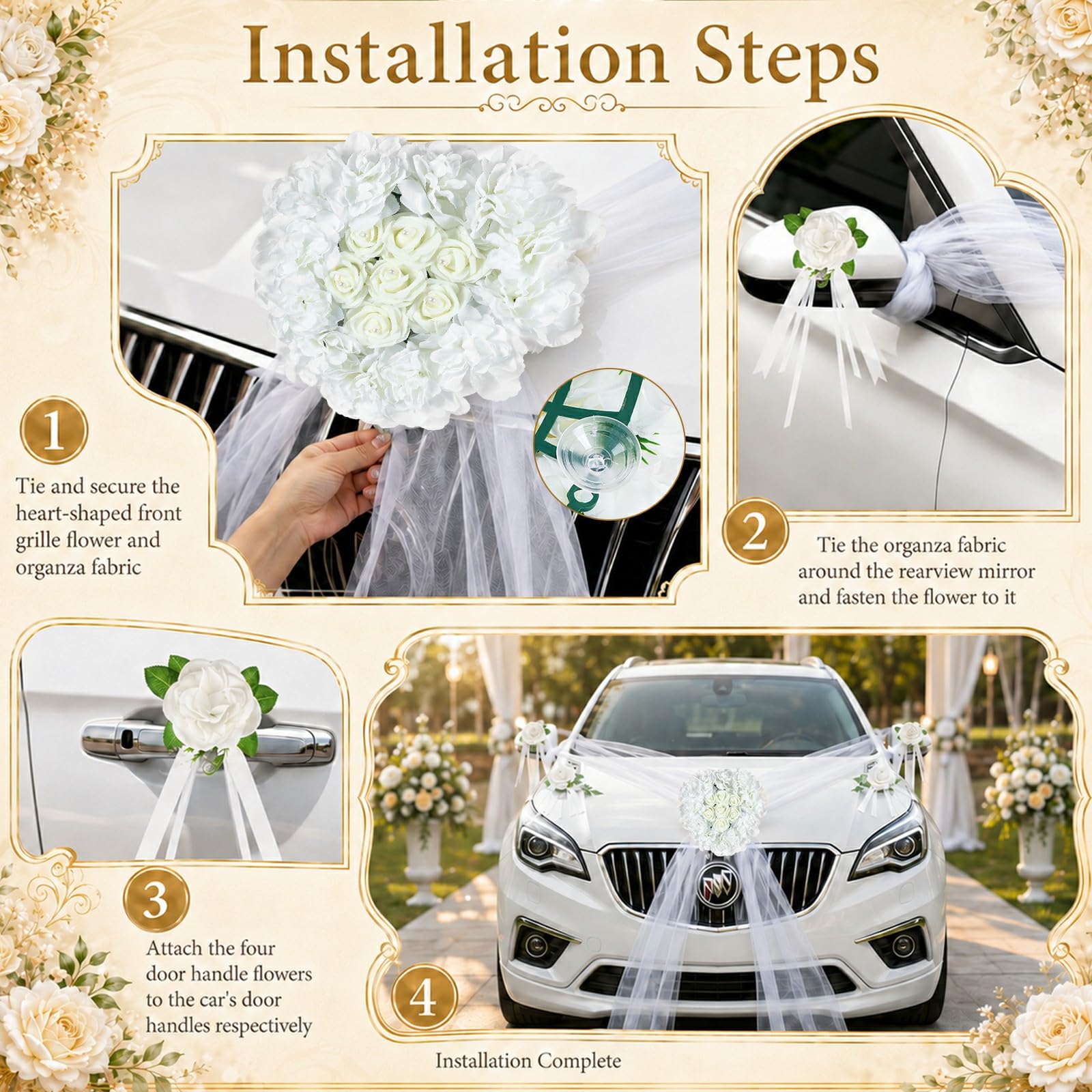 Autoschmuck Hochzeit Motorhaube, Weiß Auto Motorhaube Hochzeitsschmuck Set | Weiß Rosendekoration mit 35 cm Hauptblume, acht 9 cm Blumen mit Saugnäpfen, Tüll für Just Married, Wedding Ceremony