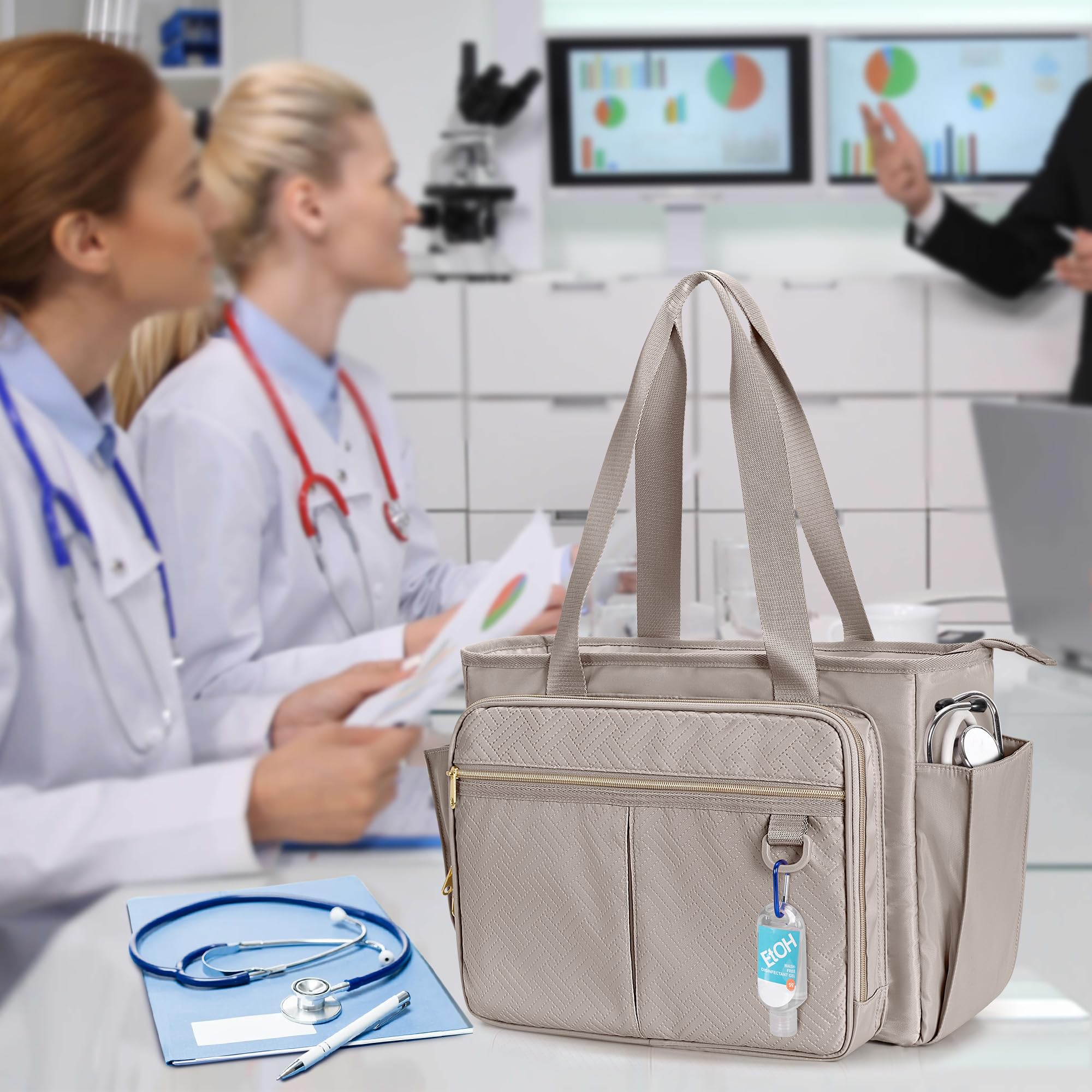 Krankenschwester Tragetasche für Frauen, Krankenpflege-Kliniktasche mit Akkordeon-Ordner, Krankenschwester Zubehör für die Arbeit und die häusliche Krankenpflege, Kamel