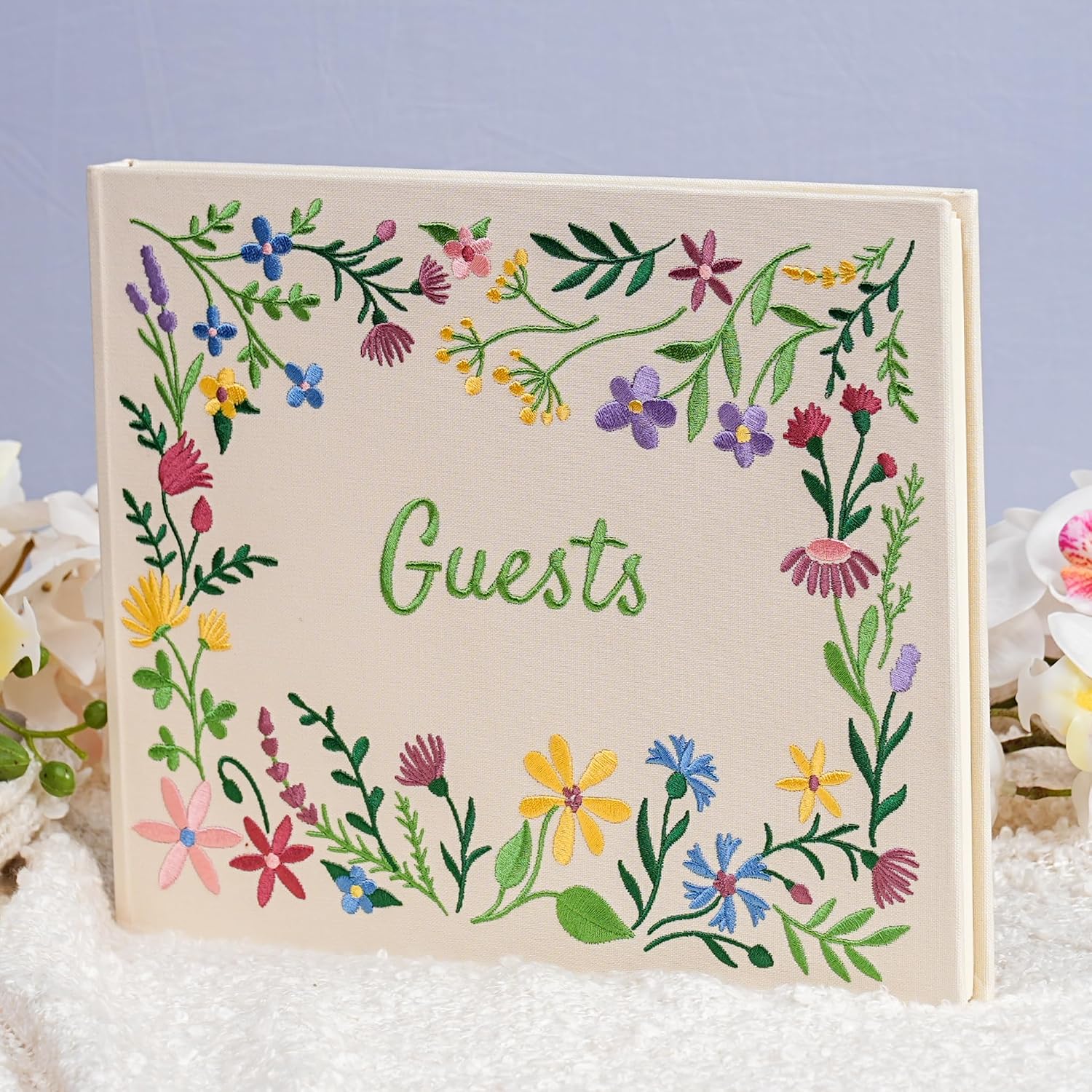 Embroidered Floral Guestbook for Wedding, Bridal Shower & Baby Shower, Linen Guest Sign-In Keepsake with Blank Ivory Pages, Lay-Flat Design & Ribbon Bookmark, 10.25” x 8.25” (Wildflower Garden)