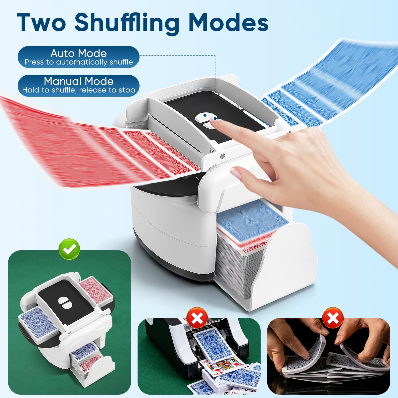 Mescolatore automatico di carte per 1–4 giochi di carte, ricaricabile, 2 modalità di miscelazione, compatibile con carte da poker, bridge, UNO e Phase 10 (Bianco)