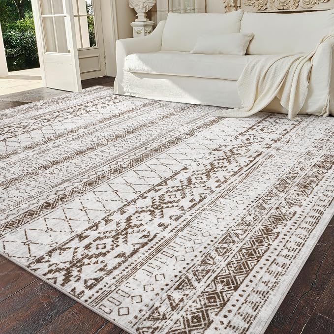 Area Rugs for Living Room - 6x9 Machine Washable Boho Moroccan Rug Distressed Neutral Carpet Non Slip Soft Indoor Rug for Bedroom Dining Room Playroom Office