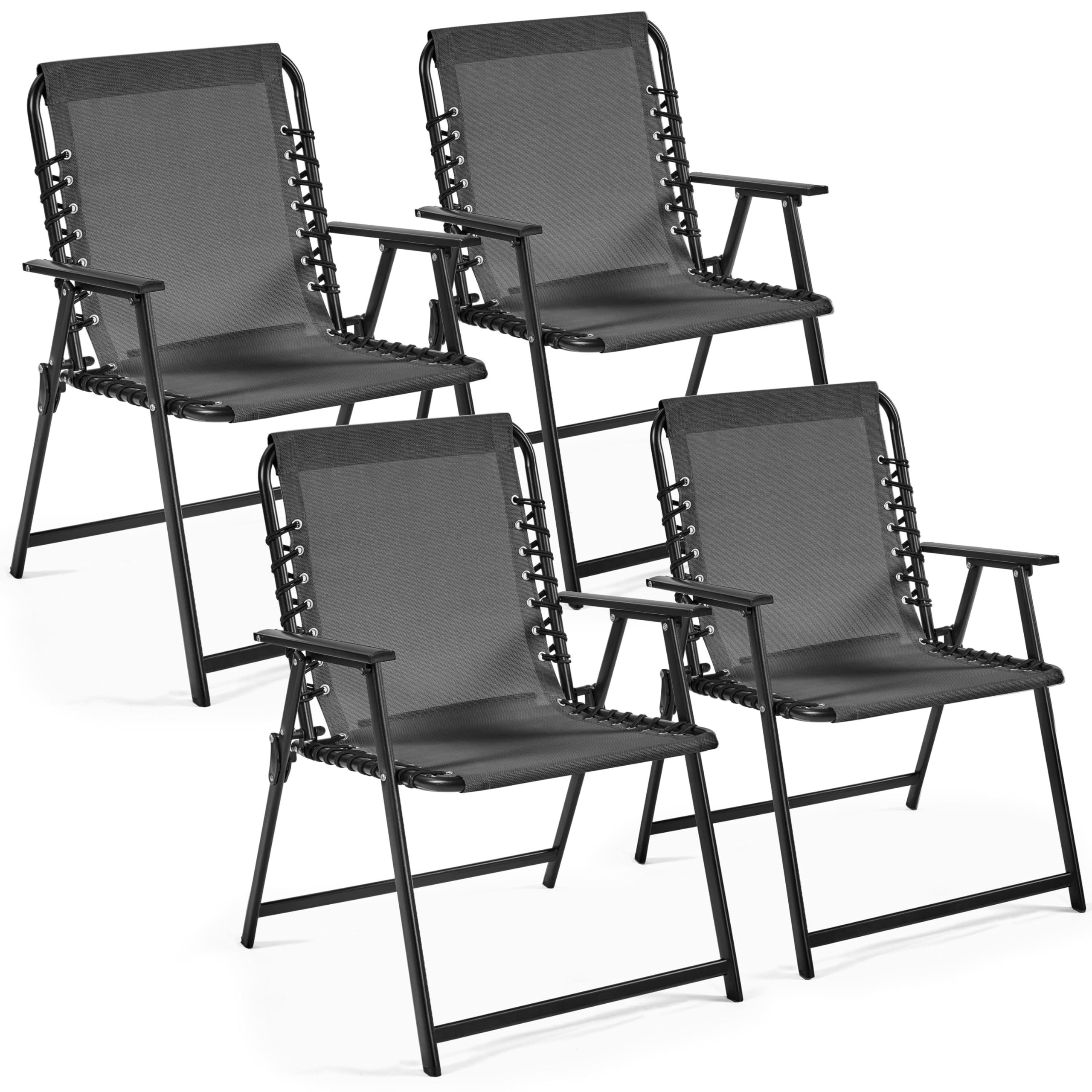 Yaheetech Folding Outdoor Chairs Set of 4 with Metal Frame, All Weather Foldable Dining Chairs with Backrest and Armrest for Garden, Lawn, Yard and Beach, Dark Grey