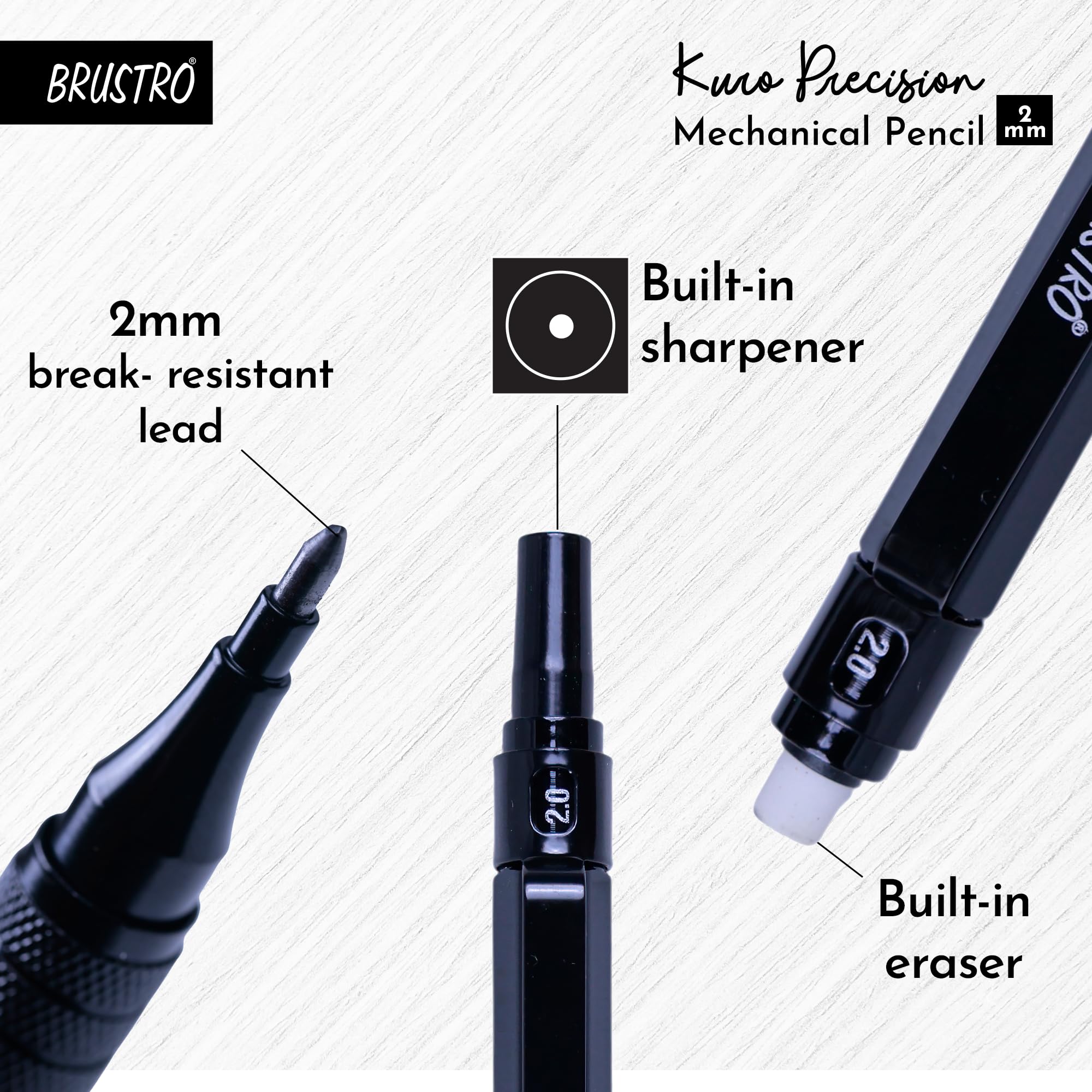BRUSTRO Kuro Precision Mechanical Pencil |Tip Size- 2mm With 6- HB and 6-2B Leads, Built-in-Sharpener, 3 Eraser Refill|Ideal For Writing, Sketching, Drawing, Mandala Arts and Fine Art Students 4