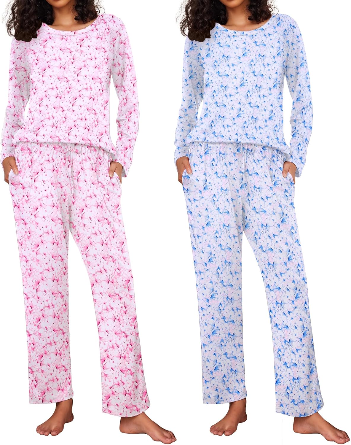Ekouaer 2 Pack Women's Pajama Set Soft Long Sleeve Sleepwear Loungewear Pjs Sets with Pockets S-XXL