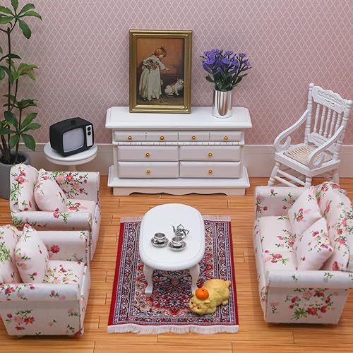 Miniatura 4 de Juego de 3 muebles de armario lateral de casa de muñecas 1:12, armario de pared en miniatura de madera con cajones, pintura artística y planta en