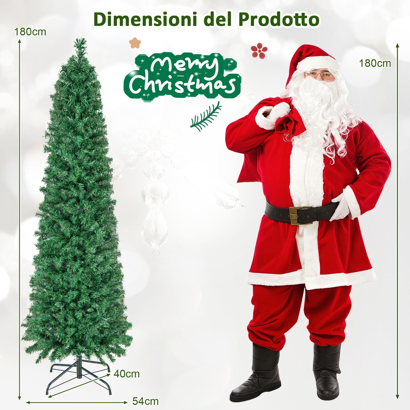 RELAX4LIFE Albero di Natale Artificiale Slim 180cm con Fibre Ottiche, Effetto Realistico e Luci Colorate,Base Pieghevole in Ferro