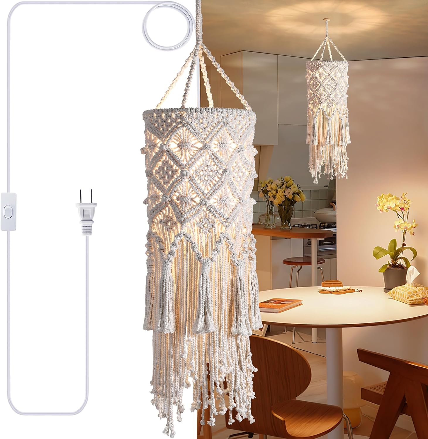 Bioaqua Hanging Lamp,Boho Light Fixture with Plug in Cord,Macrame Hand-Woven Cotton Pendant Lamp Shade,Bohemian Pendant Light Plug in for Living Room Bedroom Kitchen Island Dining Room Decor Homestay