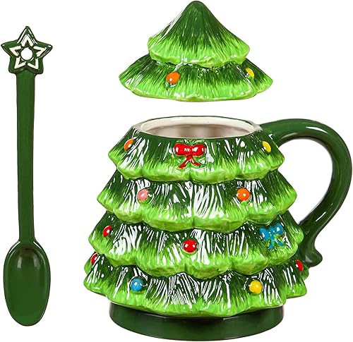 Miniatura 10 de Evergreen Taza de cerámica vintage de Navidad, 20 onzas, taza de café para café, té, chocolate caliente, regalos de vacaciones para ella (árbol de