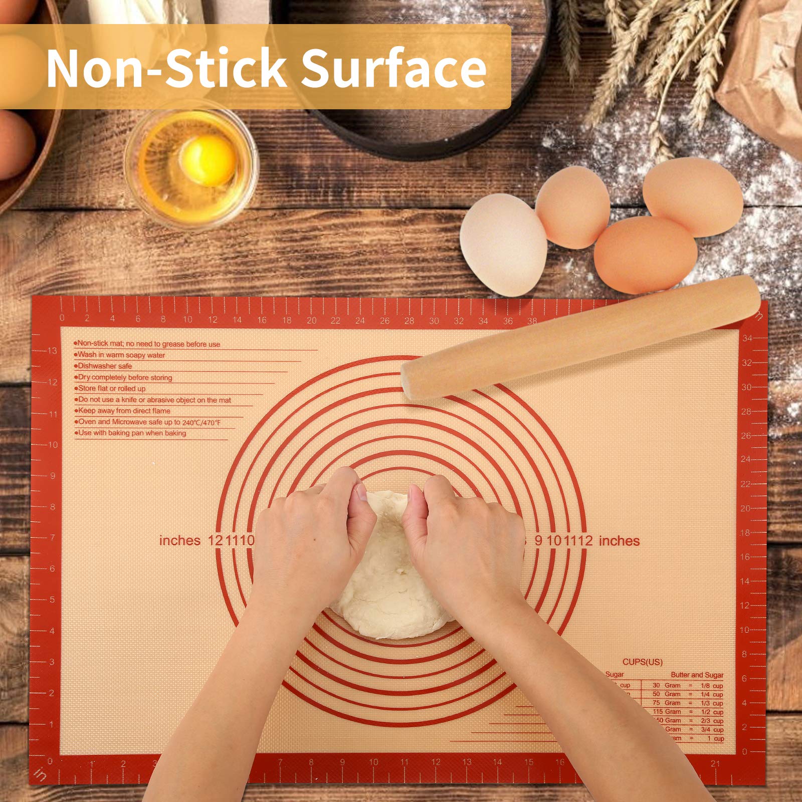 Silikon-Backmatten mit Messung – Set von 3 Blatt (1 große, 2 Hälfte) Antihaft-Backmatte zum Ausrollen von Teig Küche Knetmatte für Kekse, Macaron, Brot, Pizza, Kuchen Wiederverwendbare Ofeneinlage