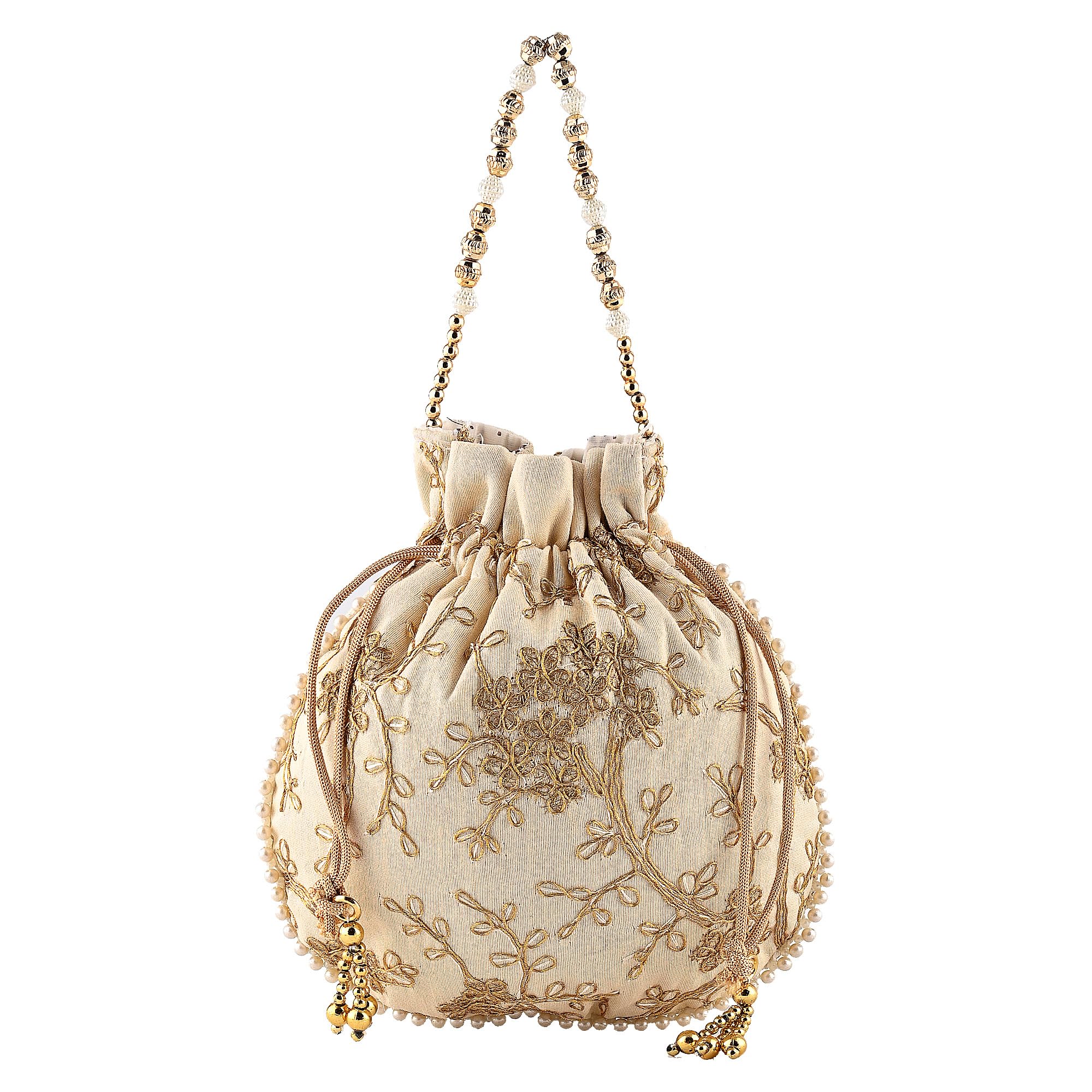 Kuber Industries Potli Bags for Ladies & Girls | Women Shagun Pouches for Festive Seasons | Batwa Bag Bridal Purse With Embroidery -Cream-image-34