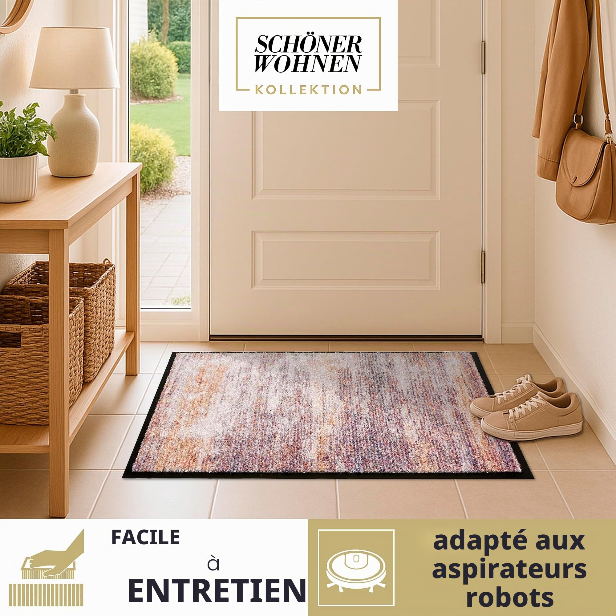 Schöner Wohnen Kollektion Paillasson d'intérieur - Tapis Anti-salissures 50 x 70 cm Rayures colorées - Paillasson d'entrée antidérapant - Tapis de Porte Lavable à 30 °C