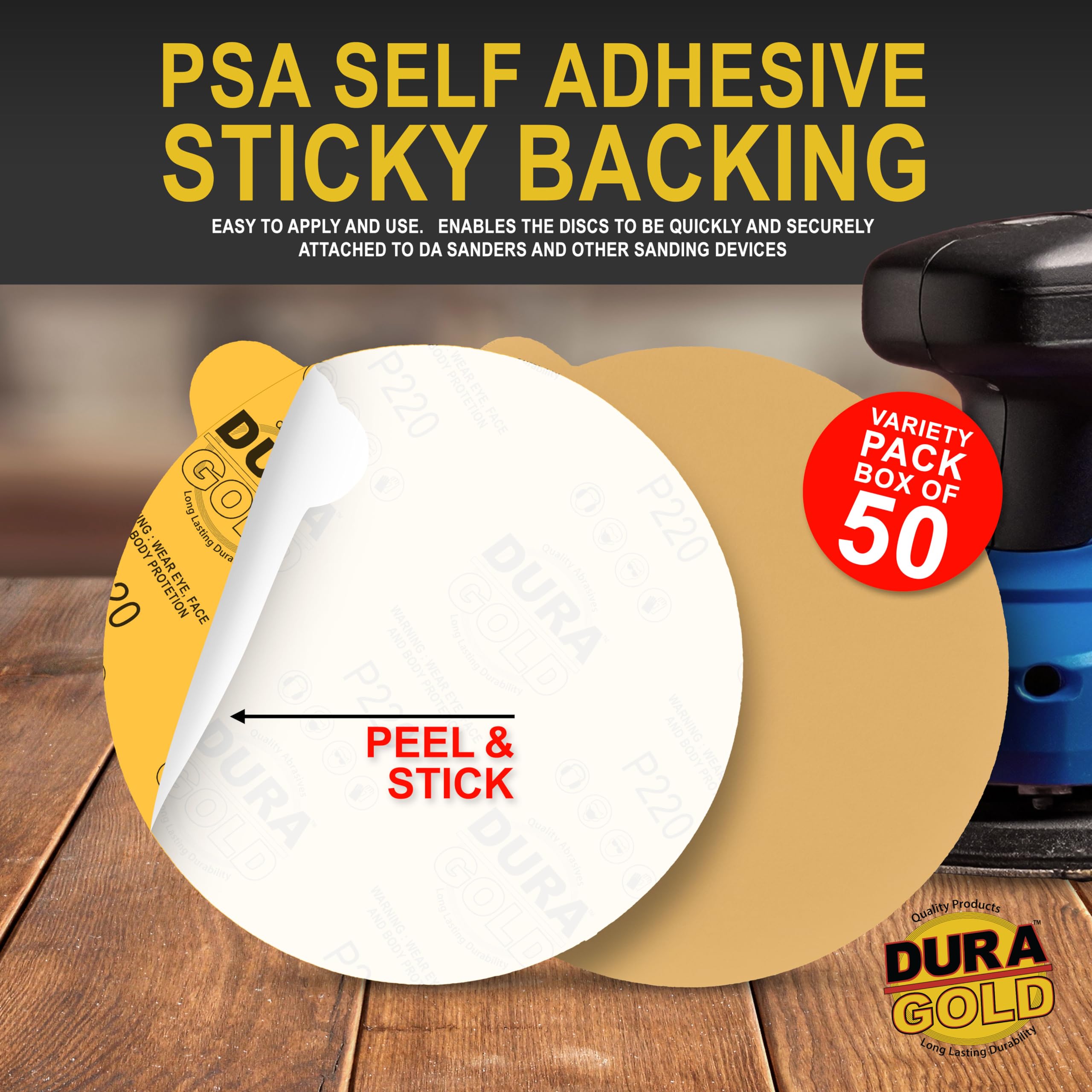 Dura-Gold – Premium – 80 Grit 6"Oro PSA Autoadhesivo Adhesivos Discos de Lija para DA Sanders – Caja de 50 Discos de Acabado de Papel de Lija para automoción y carpintería