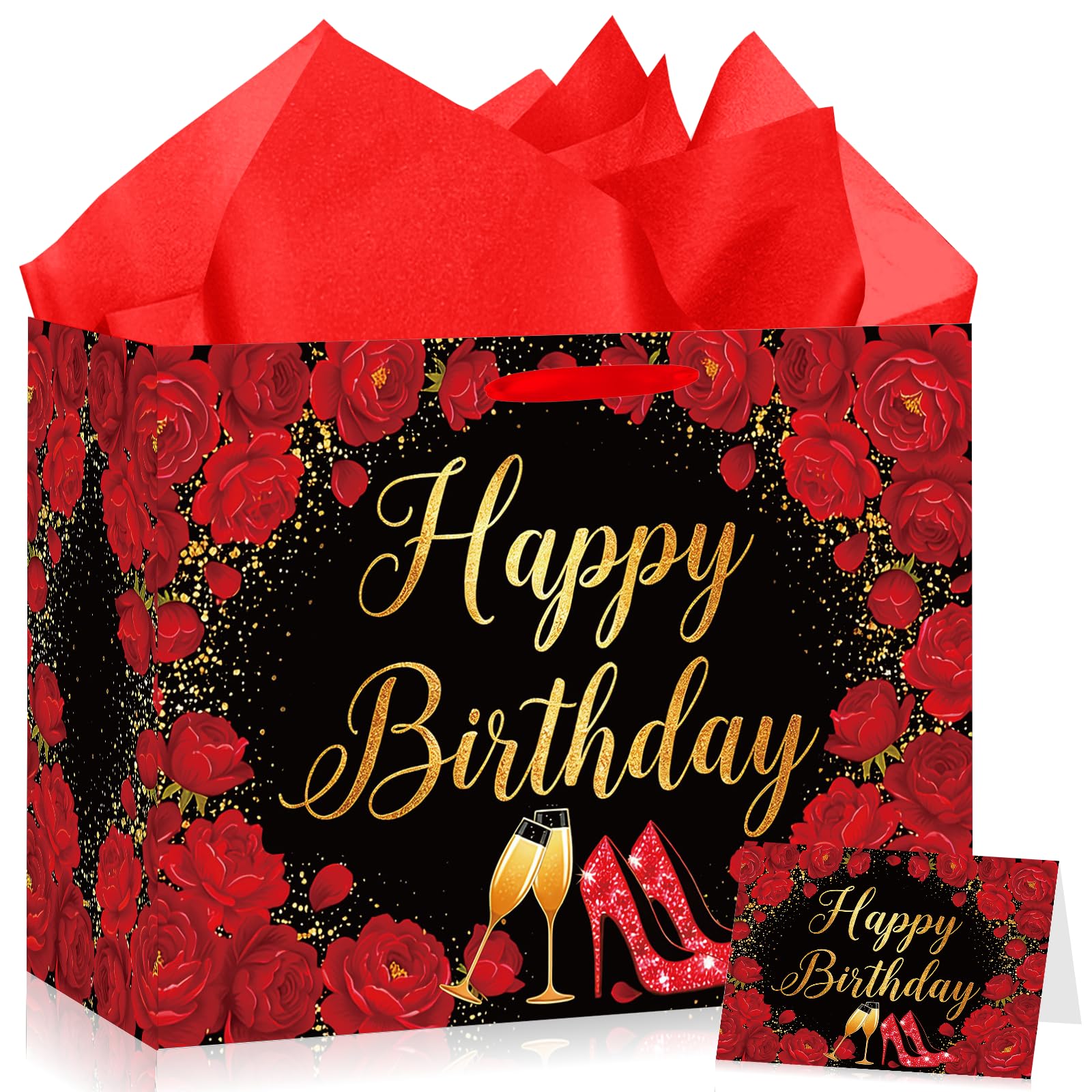 Red Rose Birthday Gift Bag with Card & 3 Sheets Red Tissue Paper, Luxury High Heels Champagne Present Bag for Women Her, Large Elegant Black Gold Floral Gift Wrap for 18th 21st 30th 40th 50th Birthday