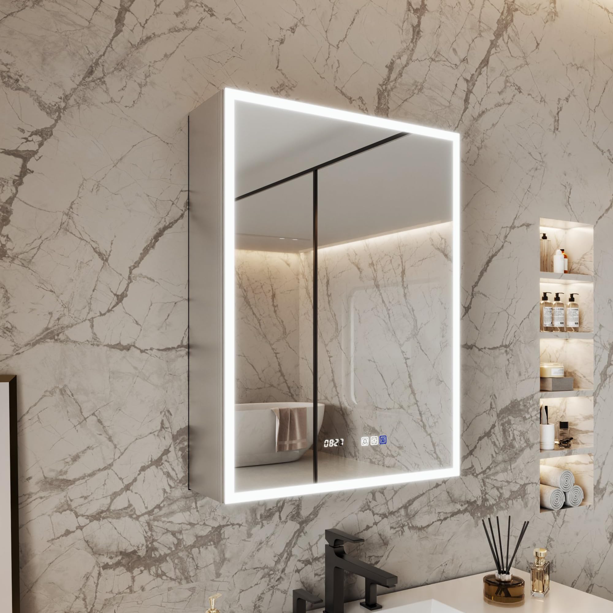 ComfyStyle 24x32 Inch Lighted Medicine Cabinet, Recessed or Surface LED Medicine Cabinet with Clock & Temperature Display, Anti-Fog, 3-Color Dimmable