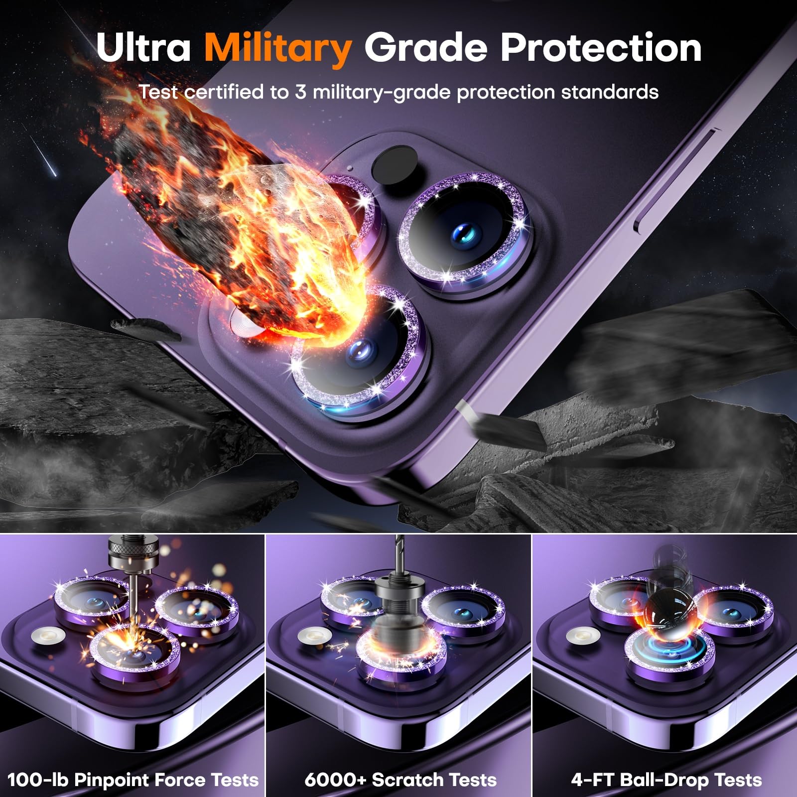 Protector de lente de cámara para iPhone 16 Pro Max/16 Pro/15 Pro Max/15 Pro/14 Pro Max/14 Pro, cristal de zafiro, pantalla individual de metal para cámara, anticaídas, compatible con fundas