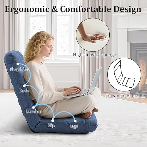 Miniatura 4 de Silla de suelo plegable con soporte para el respaldo, 14 posiciones ajustables, cama acolchada transpirable, sofá reclinable, sofá de juegos para