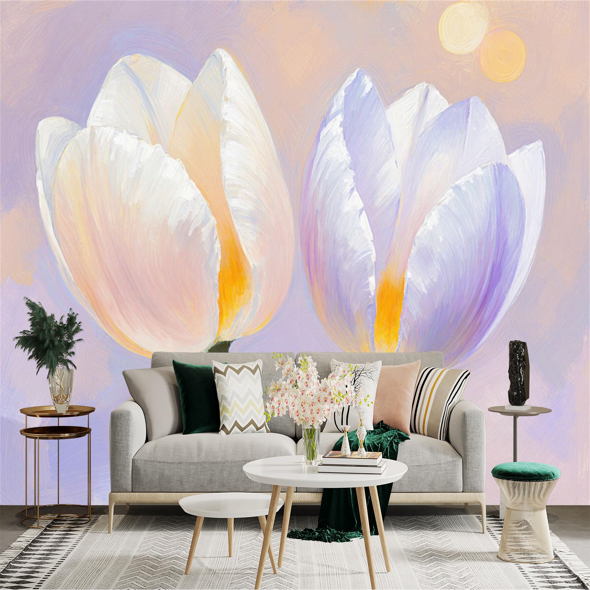 Custom Size Wall Sticker Mural， Pair of White Tulips， Oil Painting Style Floral Art， Soft Pastel Background， Blooming Spring Flowers， for wall Decoration， peelandstick wall Decals.