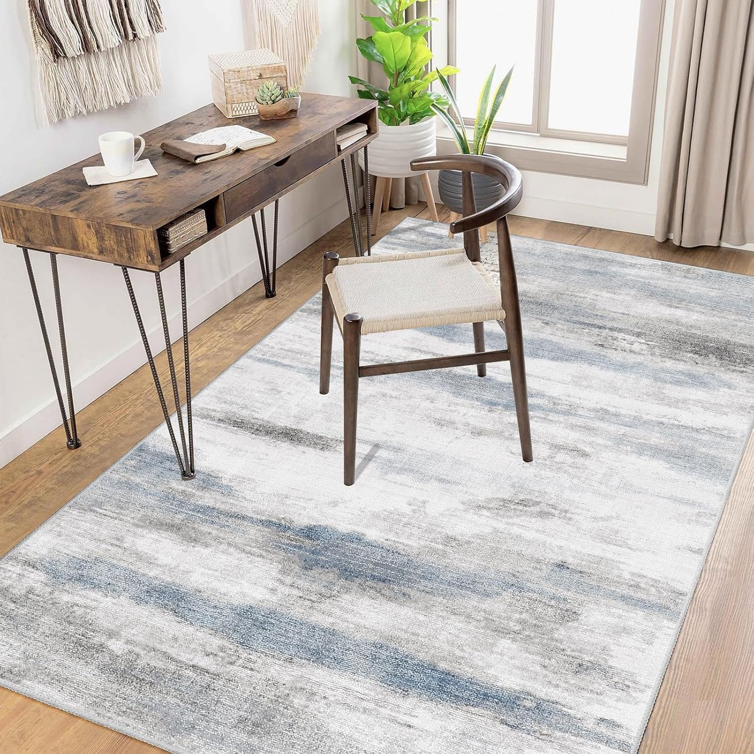 Enkor Area Rugs 4x6 Washable Non Slip Abstract Soft Rugs for Living Room Bedroom, Modern Mat for Kitchen Entryway Gray & Blue