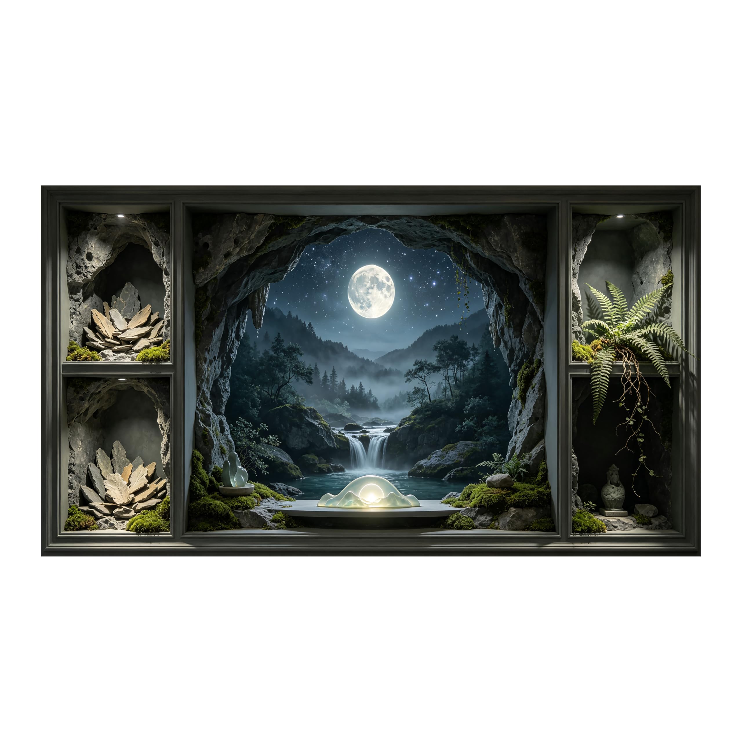 Yzpallescene Art260711138 3D Framed Wall Art Moonlit Cave Waterfall Forest Landscape 3D Effect Large Size Selfadhesive Removable Wall Decor Prints Artwork For Living Room Bedroom Office
