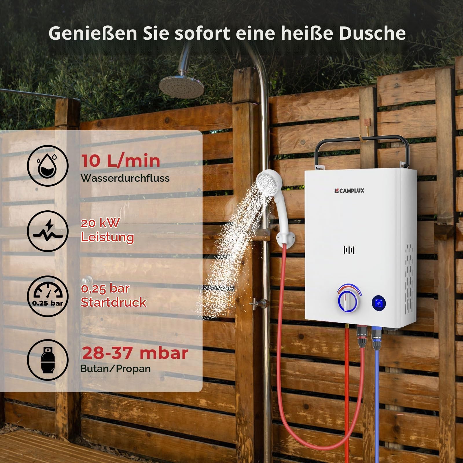 CAMPLUX First Gasdurchlauferhitzer 10 Liter mit 3-stufig Verstellbarem Griff, Butan (28-30 mbar)/ Propan (37 mbar), für Camping/Außendusche, F10